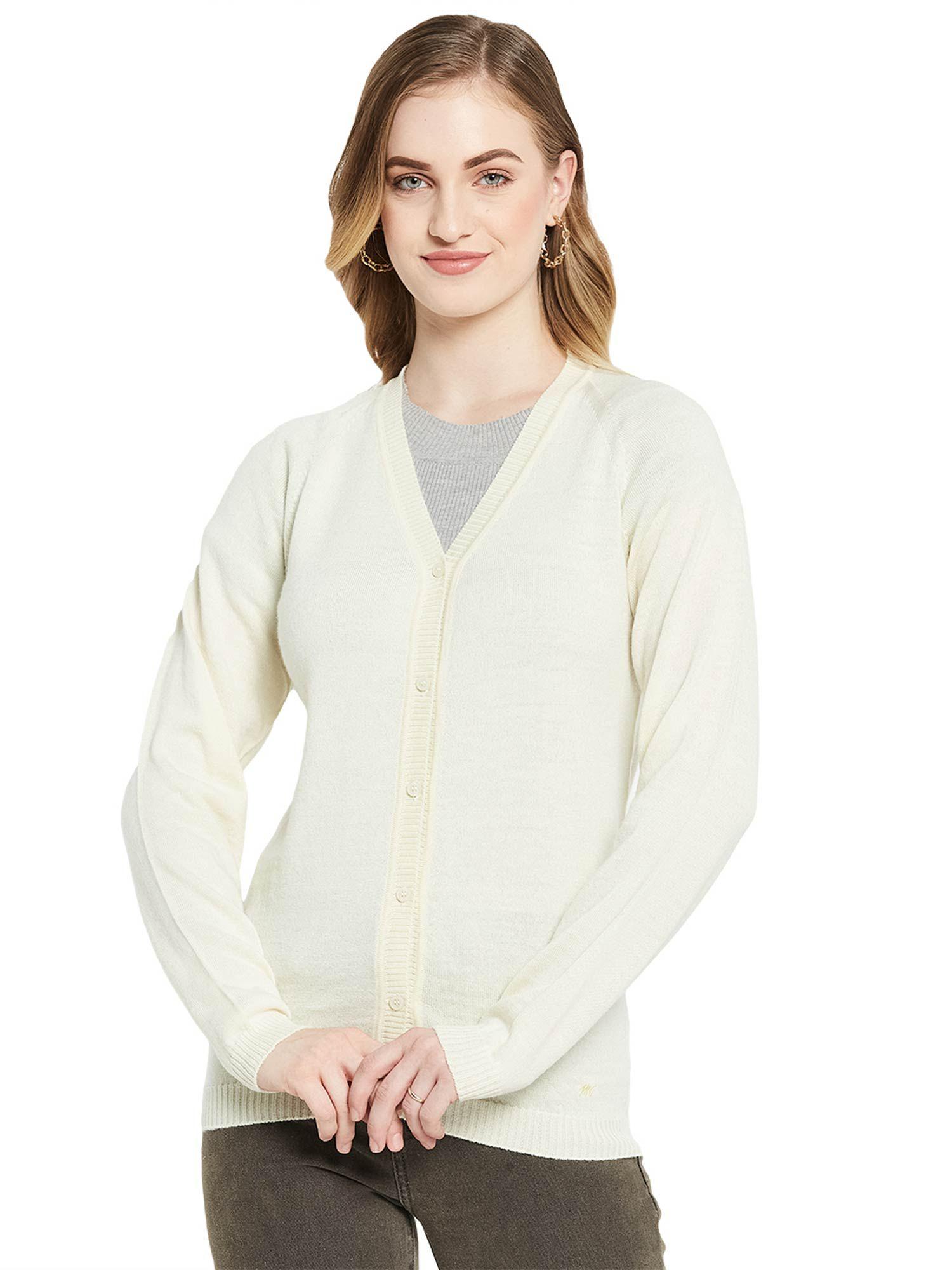 womens pure wool off white solid v neck cardigan