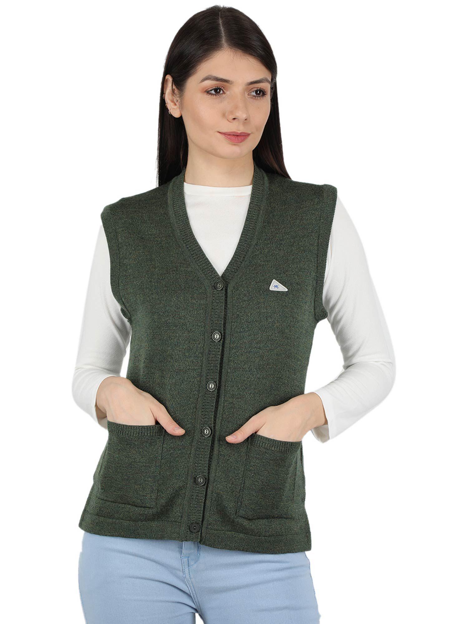 womens pure wool olive solid v neck cardigan