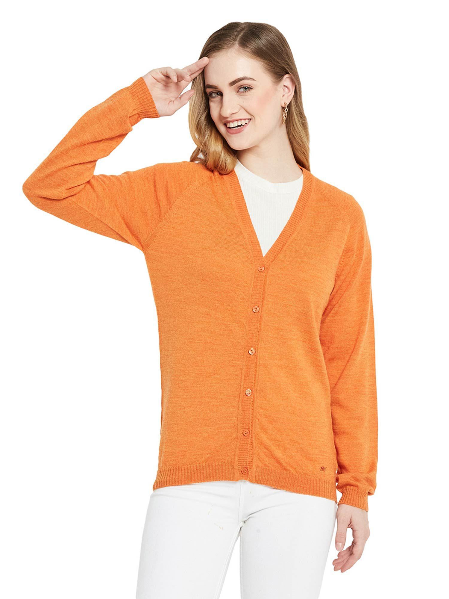 womens pure wool orange solid v neck cardigan