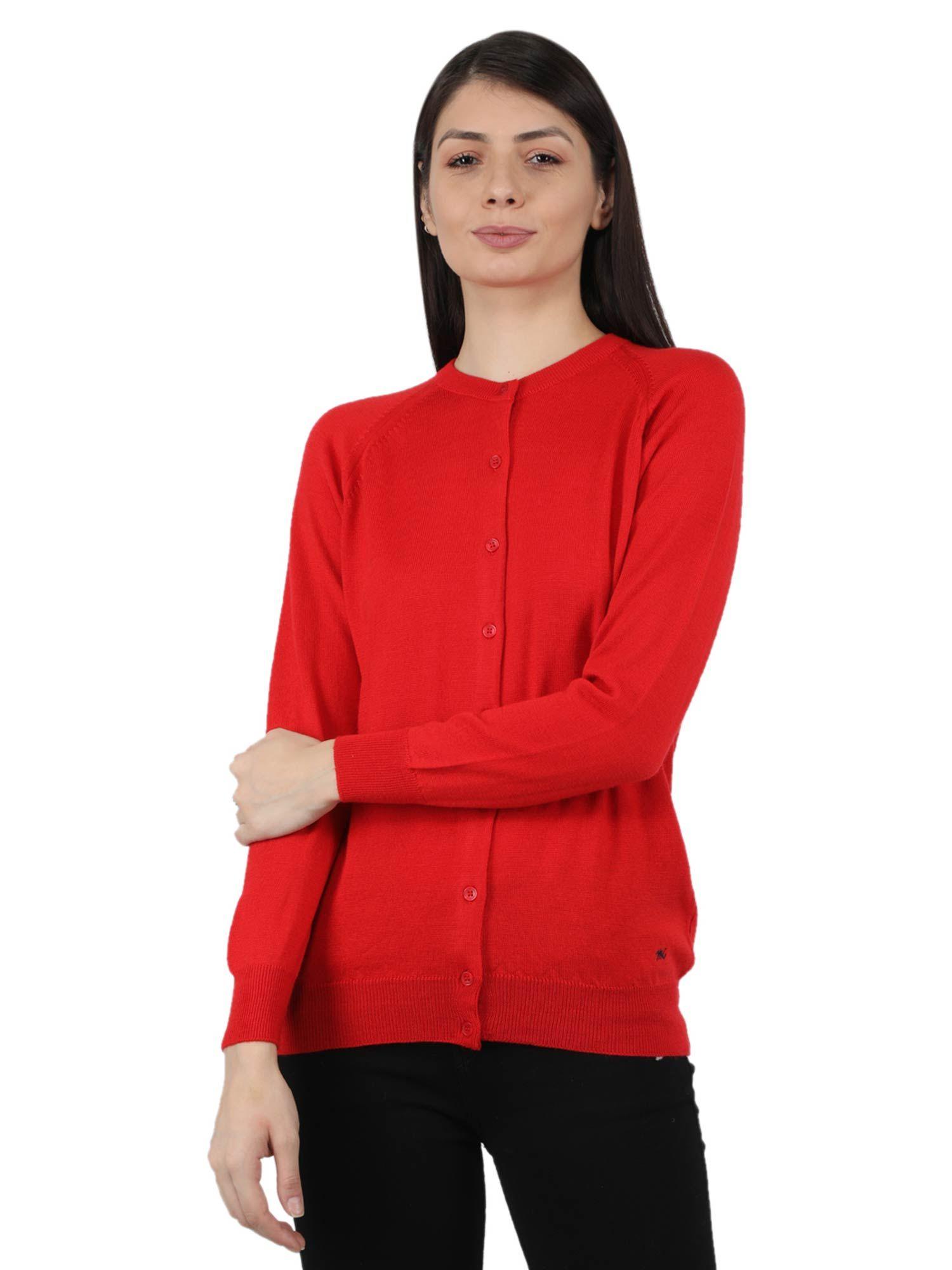 womens pure wool red solid round neck cardigan