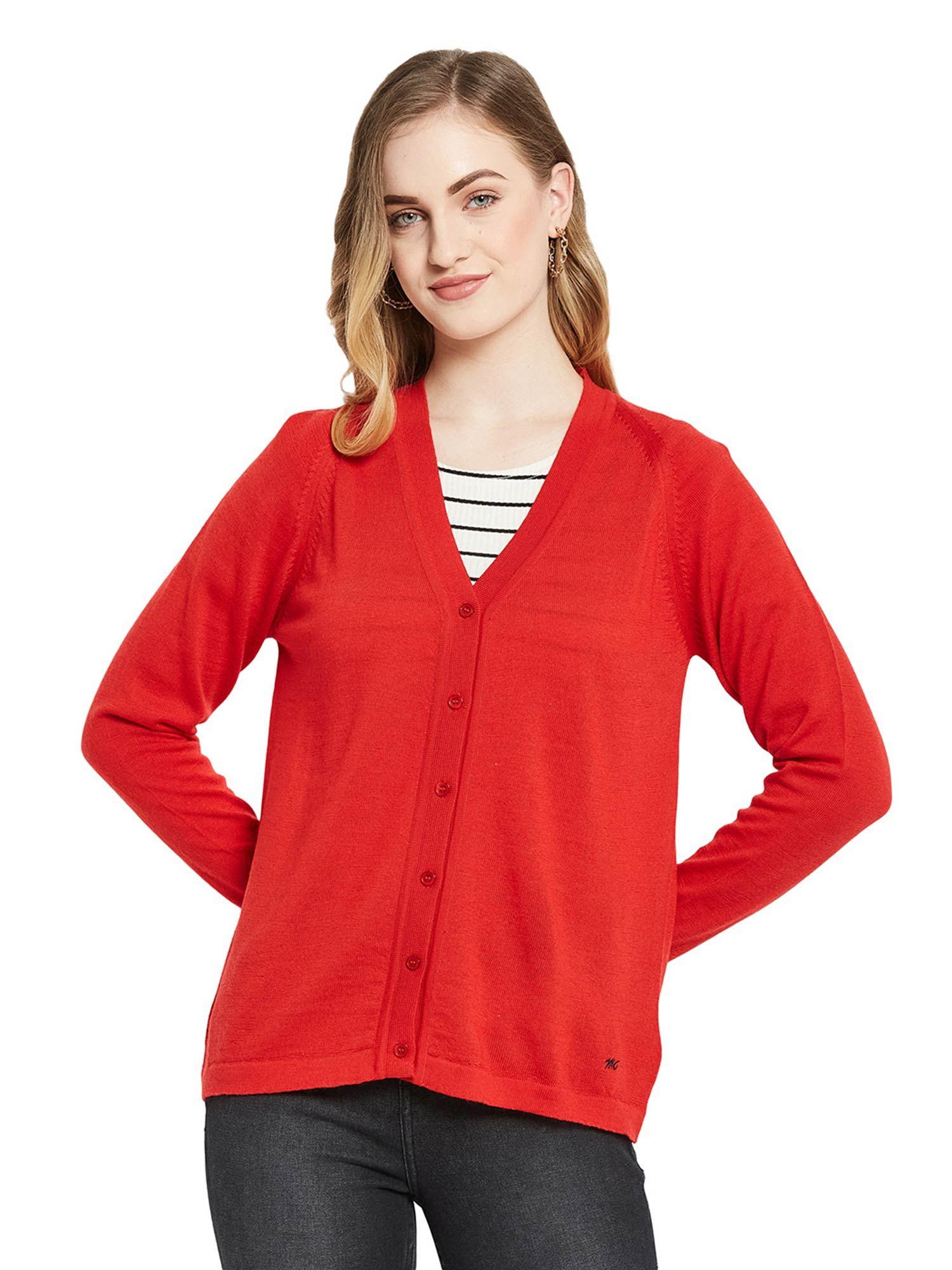 womens pure wool red solid v neck cardigan