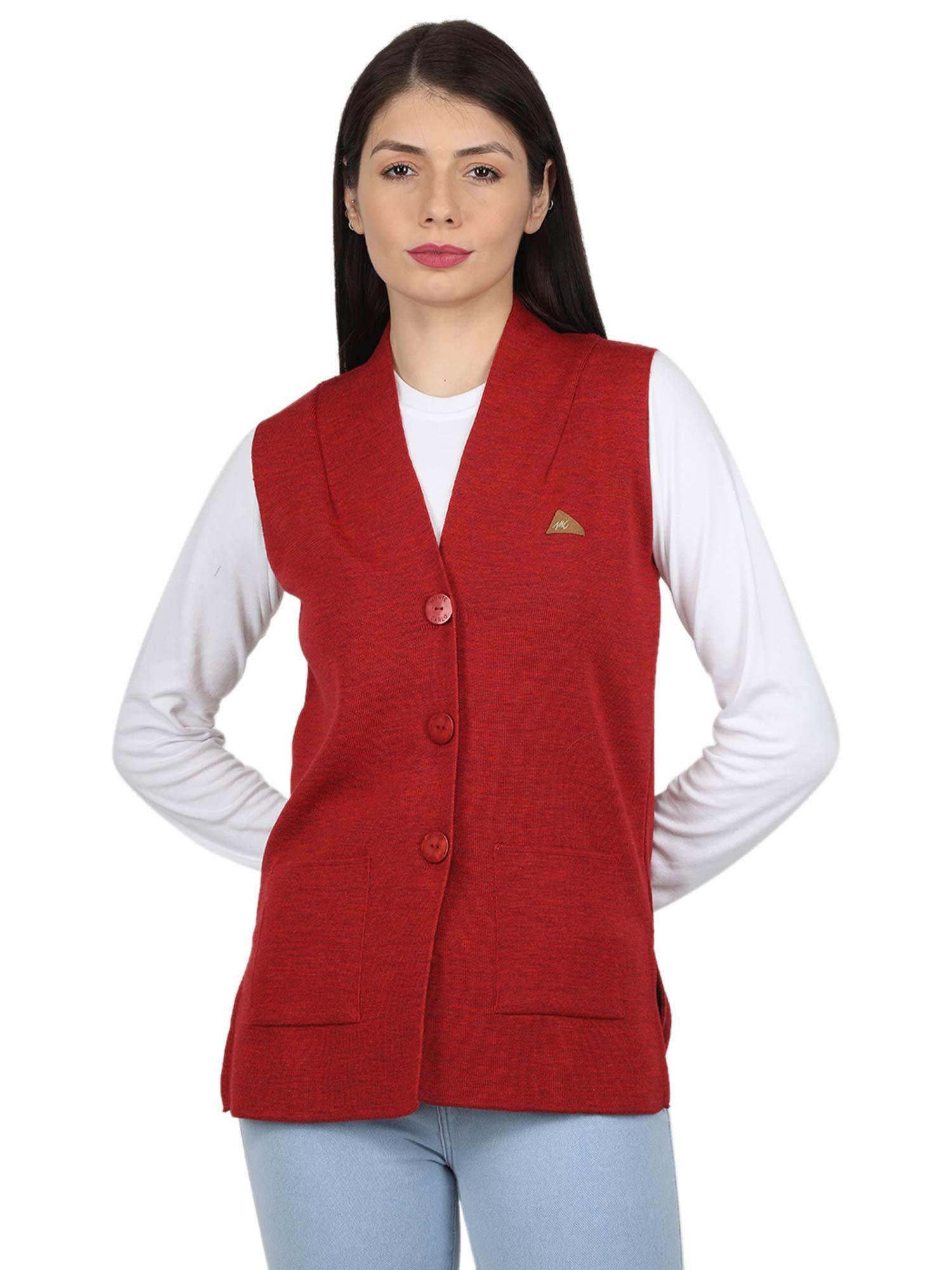 womens pure wool red solid v neck cardigan