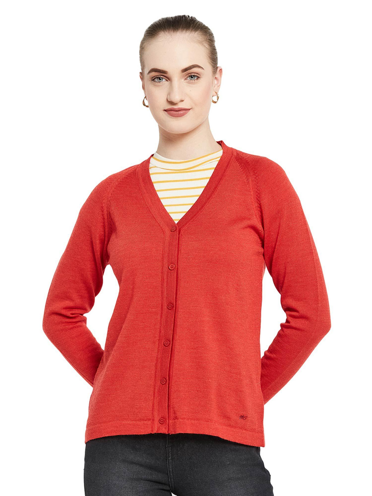 womens pure wool red solid v neck cardigan