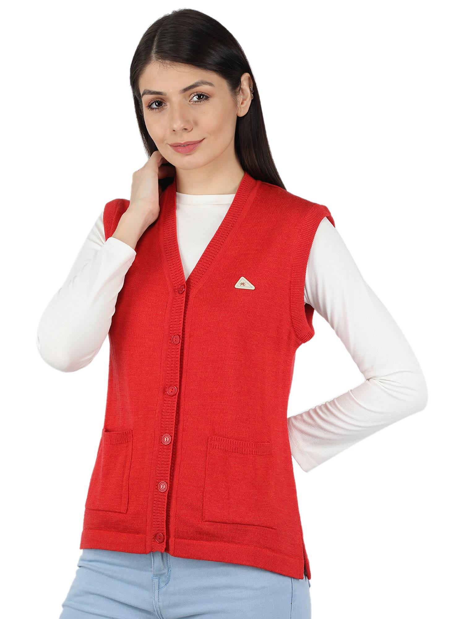 womens pure wool red solid v neck cardigan