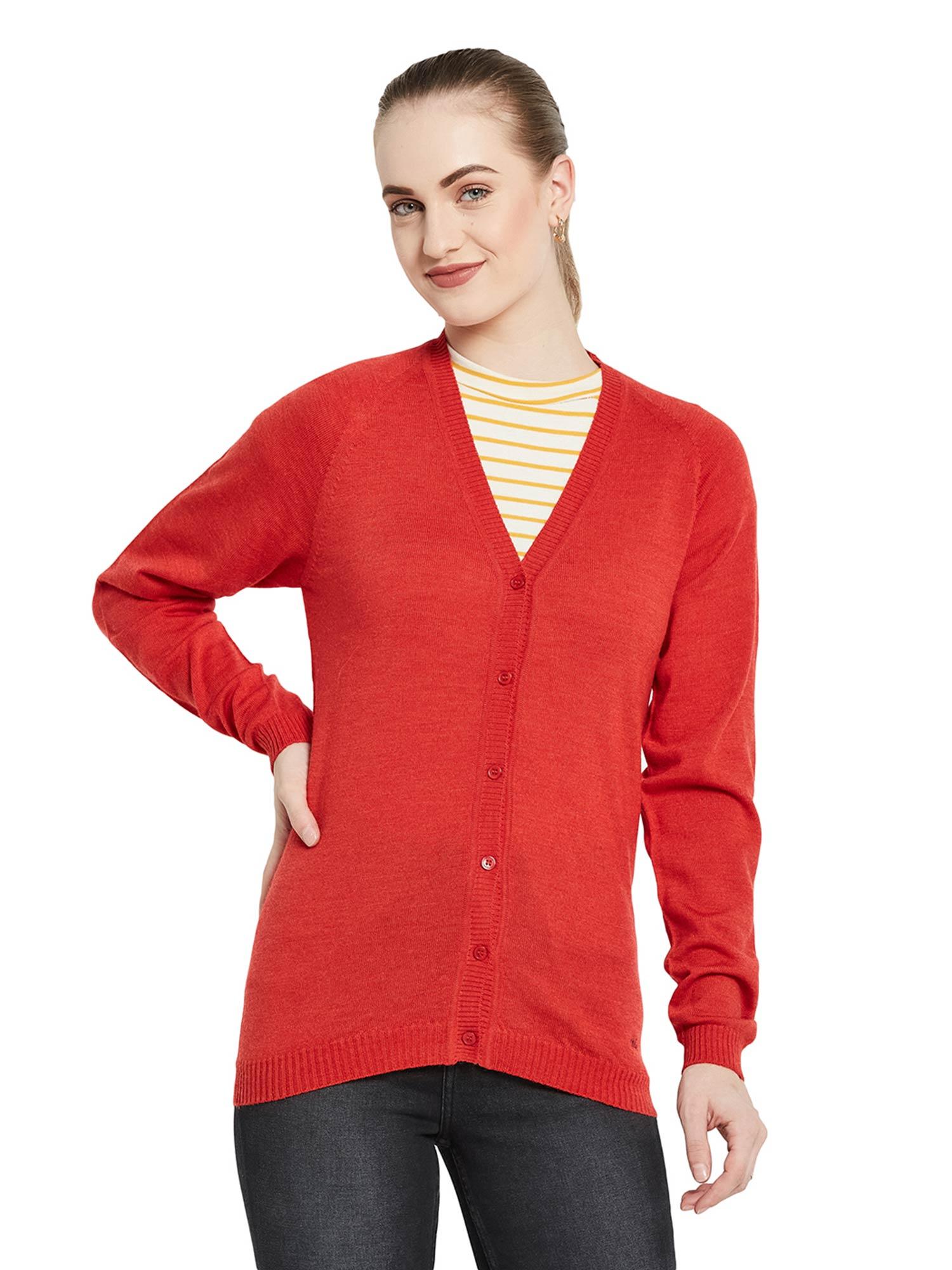 womens pure wool red solid v neck cardigan