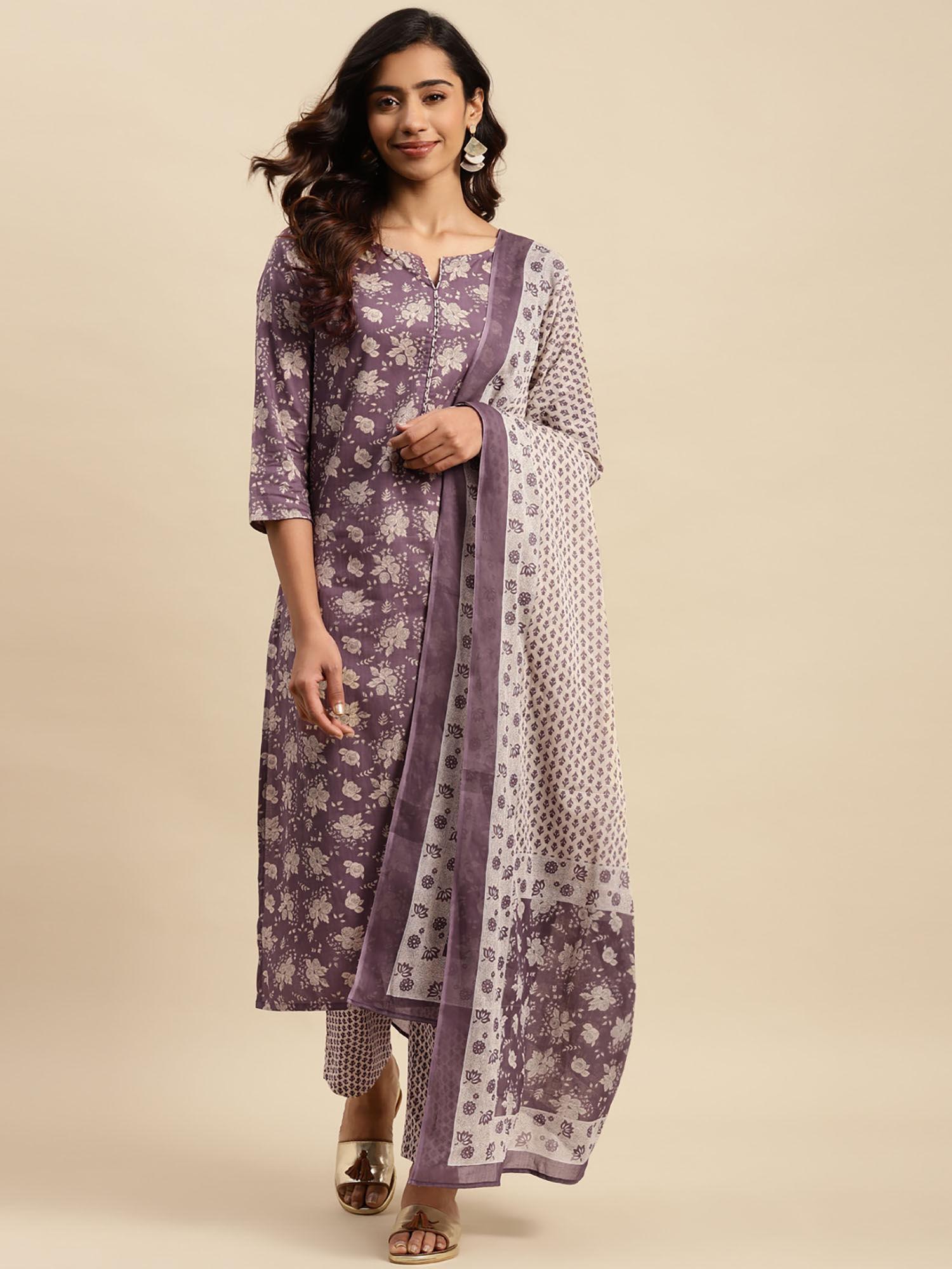womens purple & off white printed kurta with pant and dupatta (set of 3)