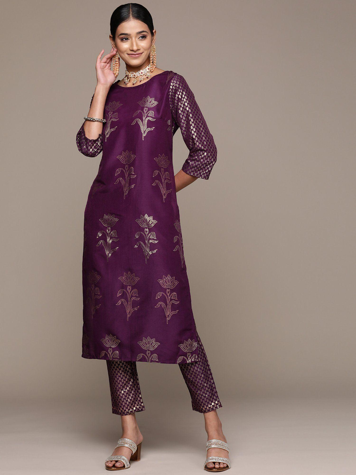 womens purple chinon straight kurta and pant (set of 2)