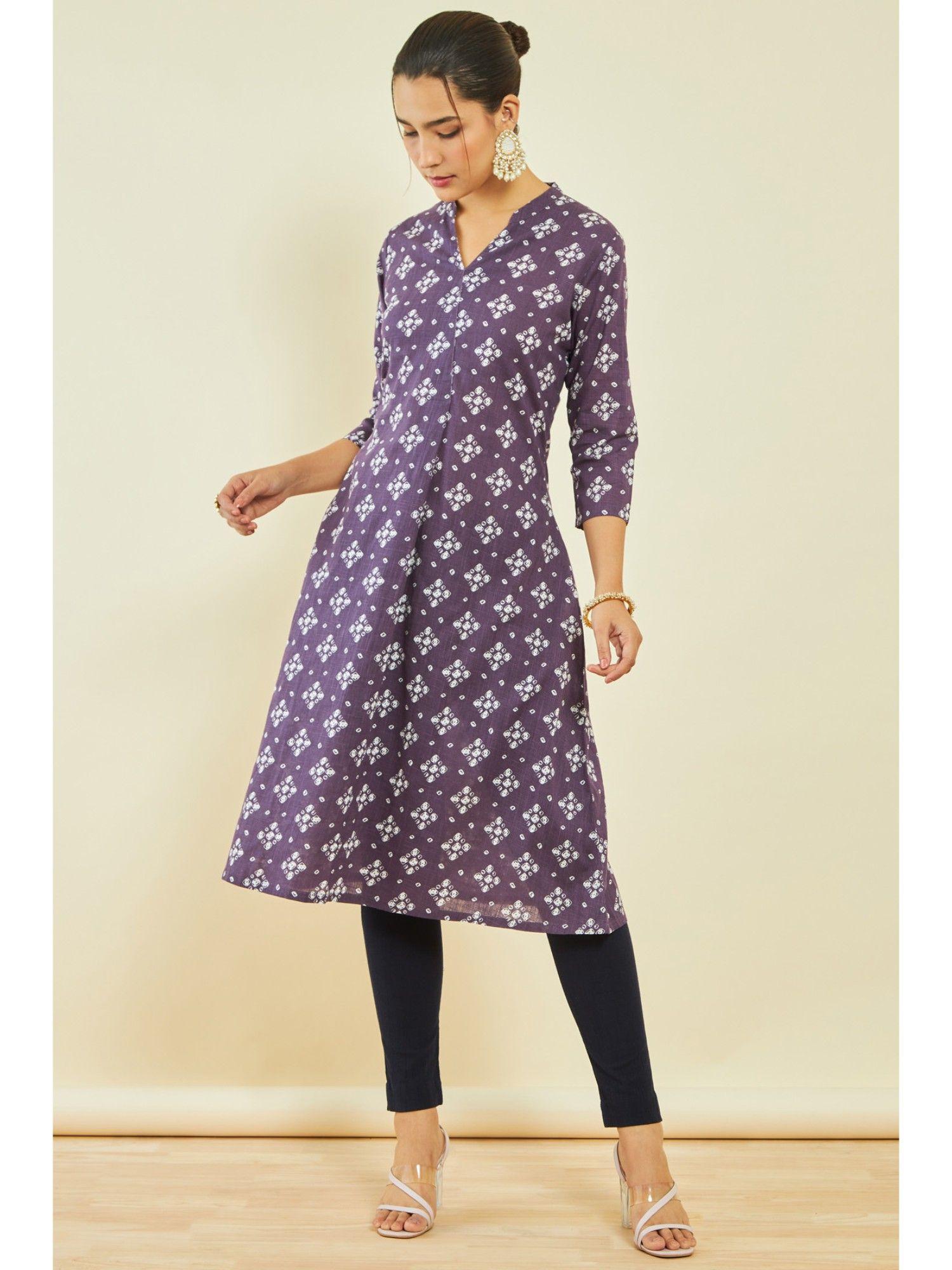 womens purple cotton slub bandhani print kurta