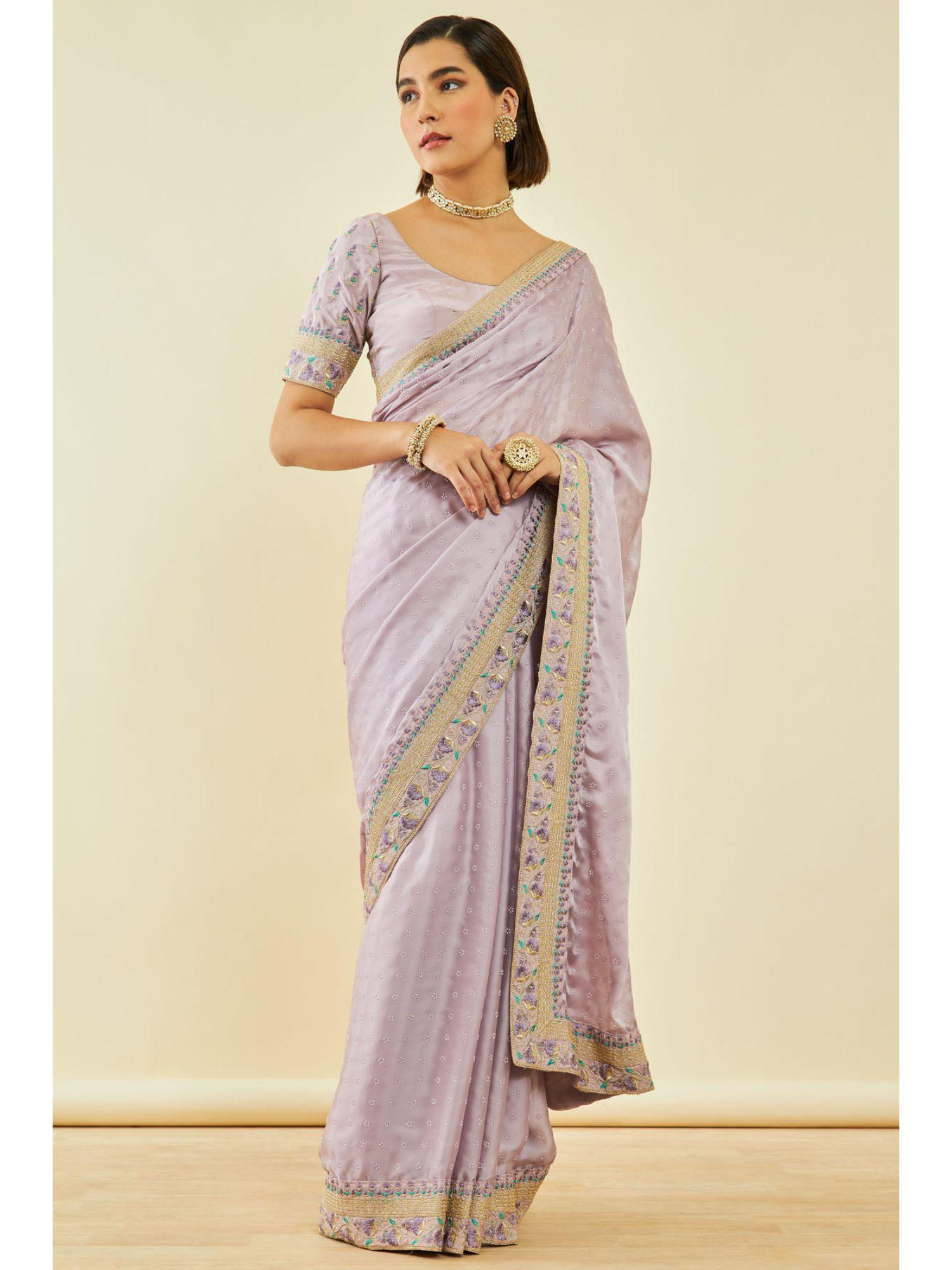 womens purple crepe saree with beads with unstitched blouse