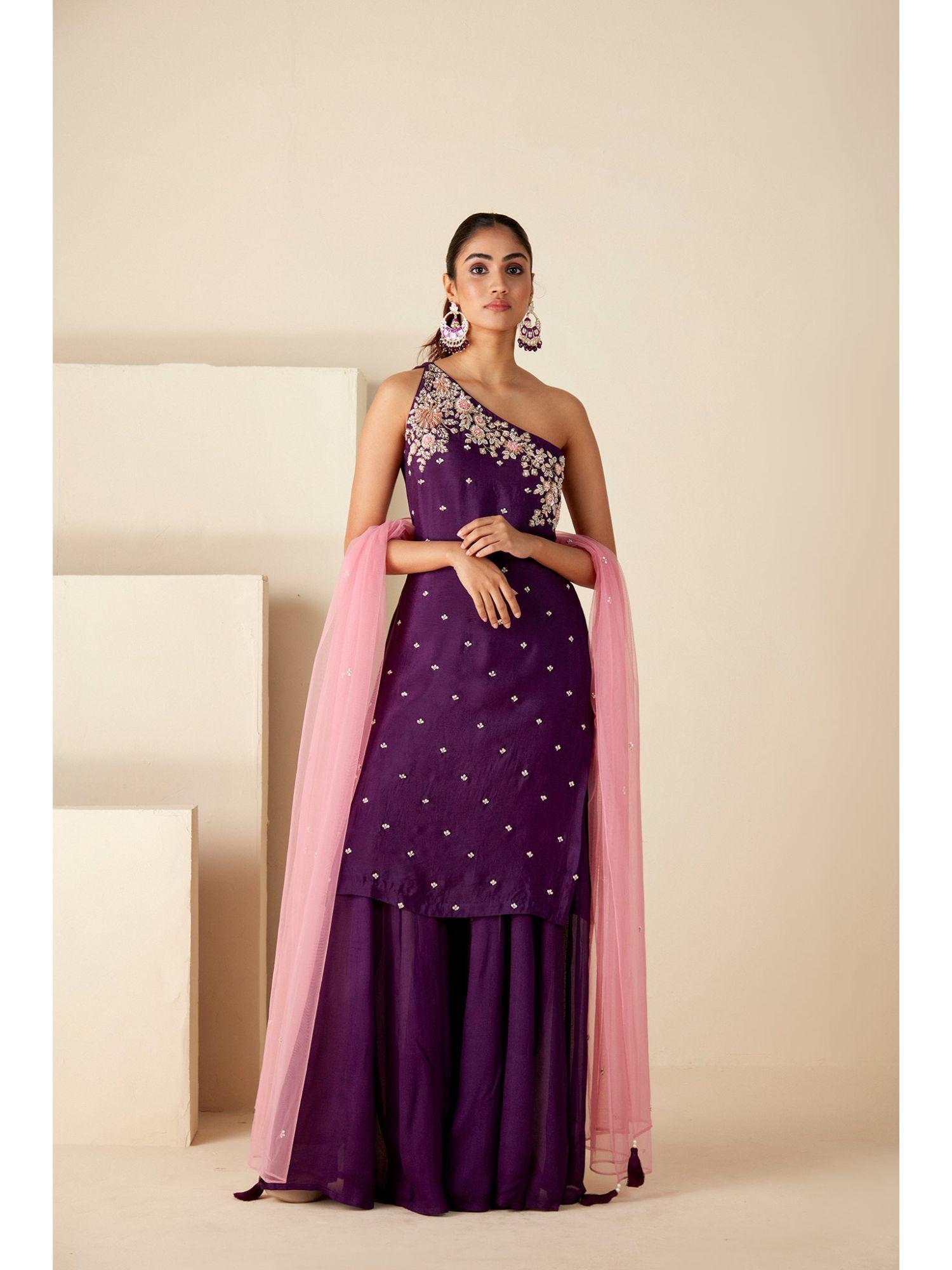 womens purple embellished kurta with palazzo and dupatta (set of 3)