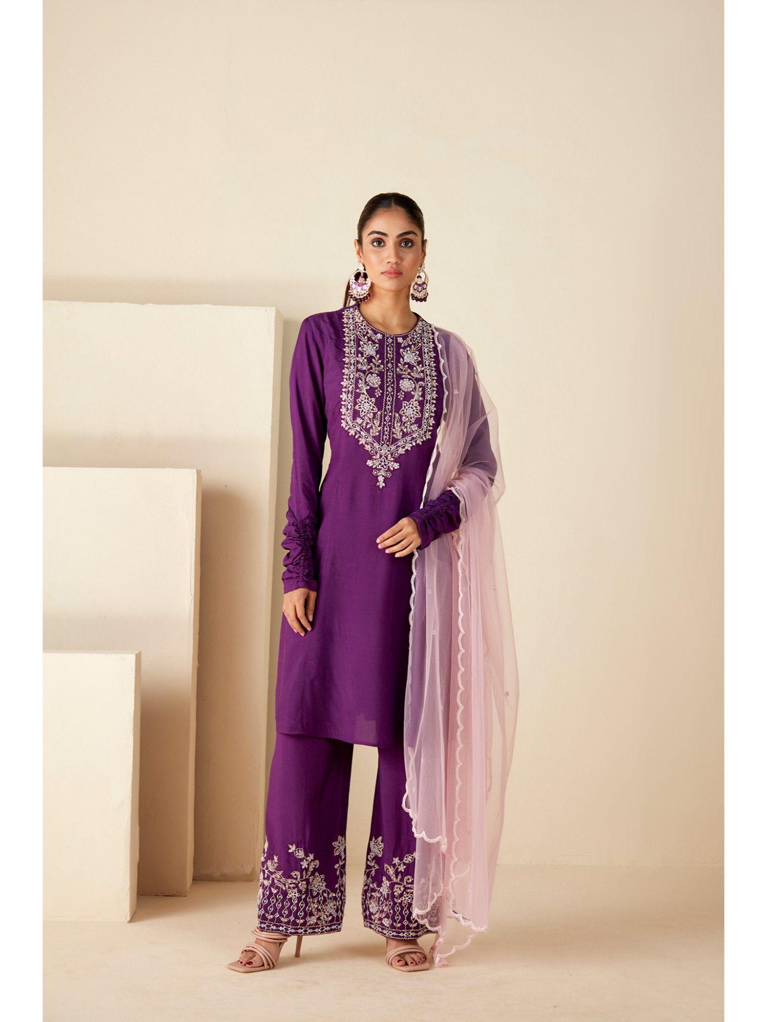 womens purple embroidered kurta with pant and dupatta (set of 3)