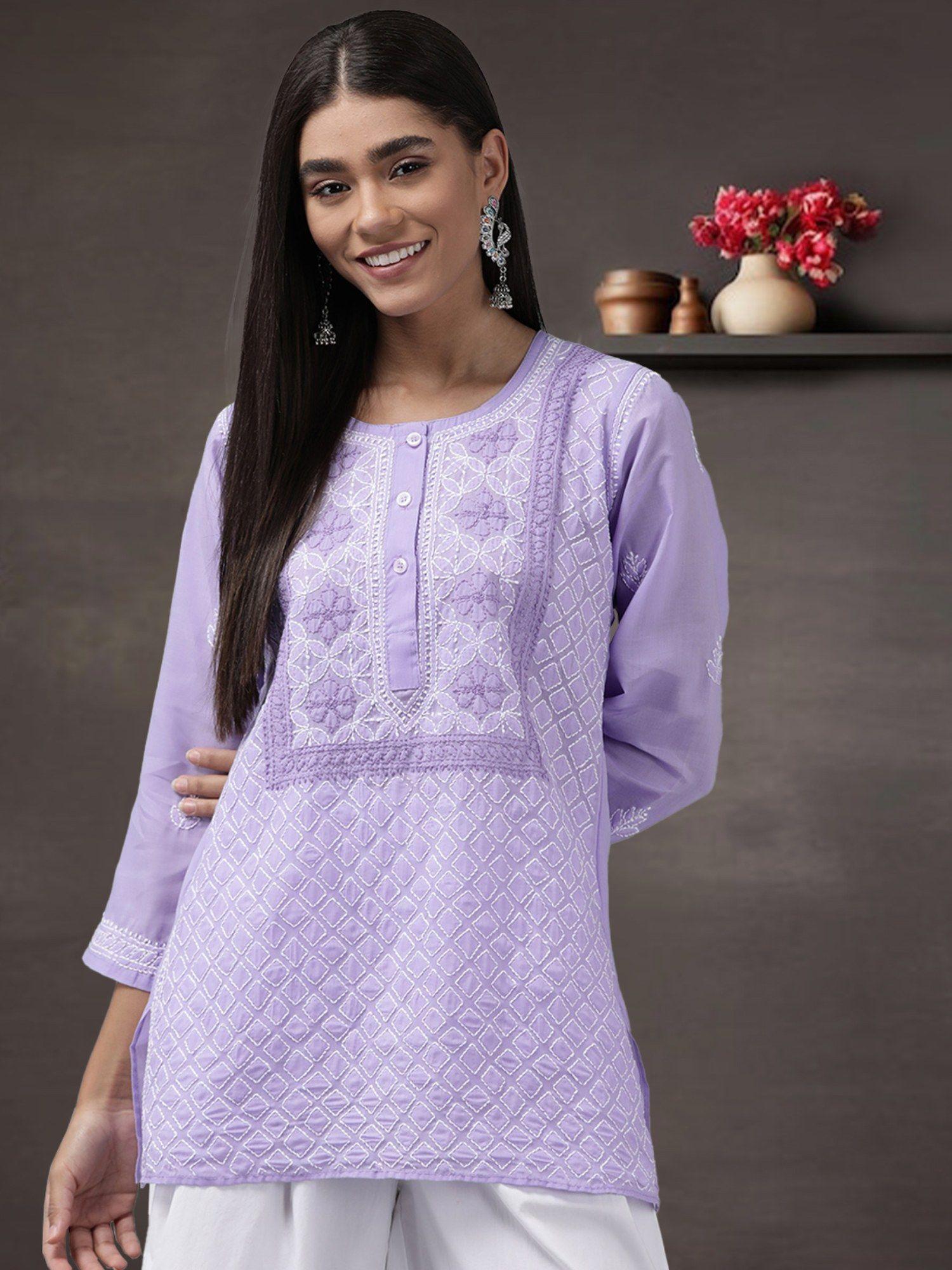 womens purple embroidered lucknowi chikankari kurti