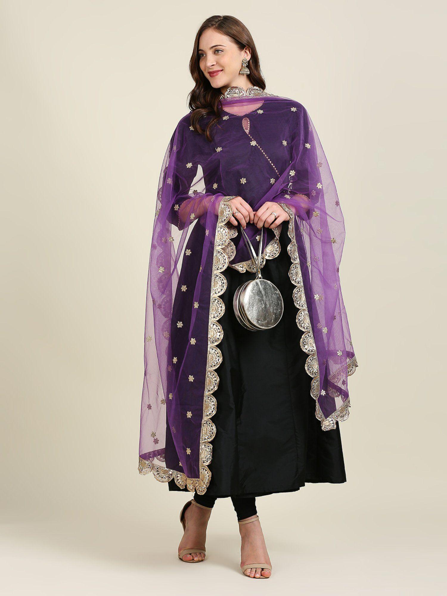womens purple embroidered net dupatta with scallops