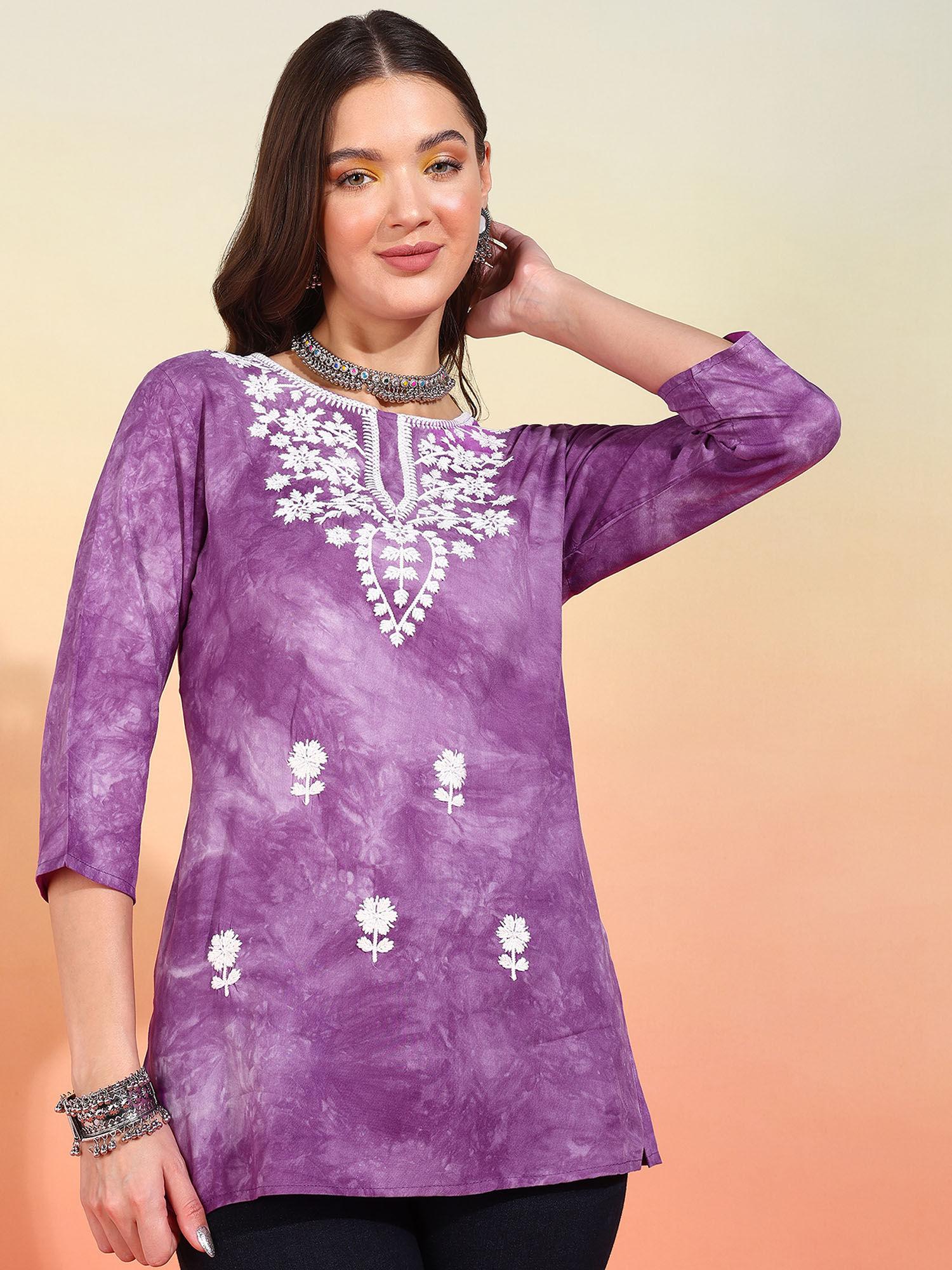 womens purple embroidered printed rayon straight kurti