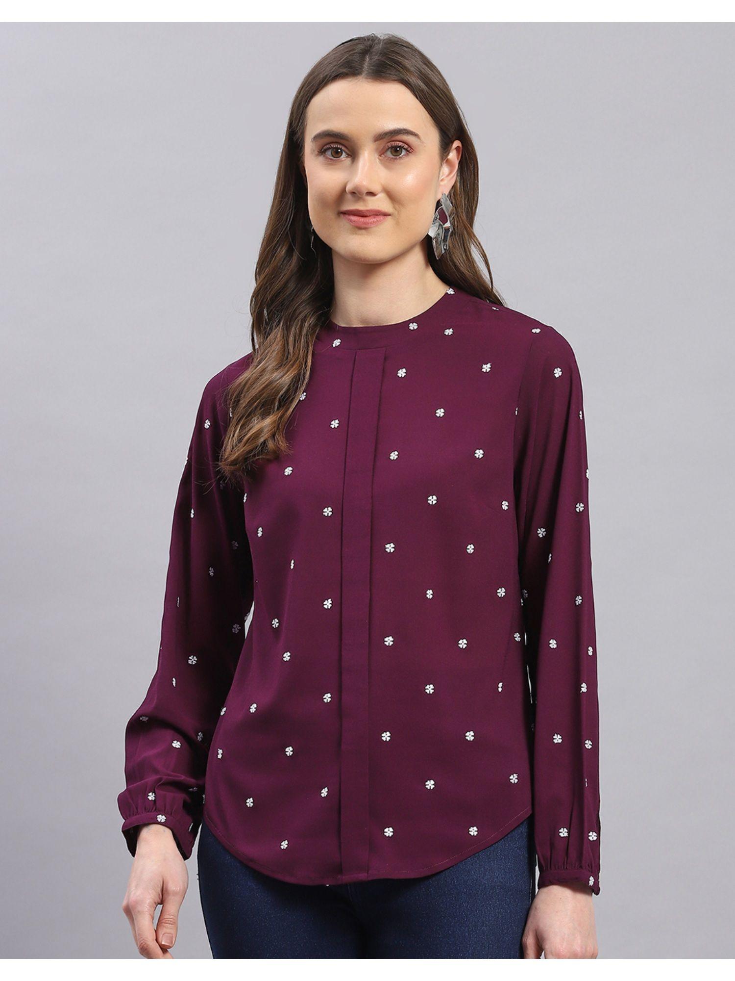 womens purple embroidered round neck full sleeve top