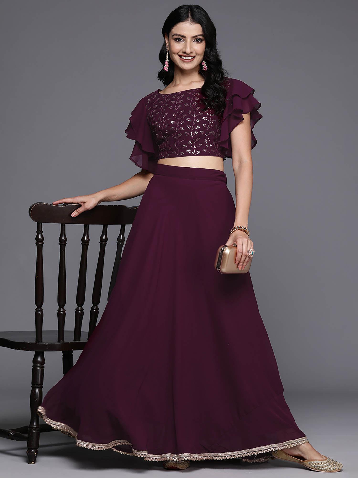 womens purple embroidered sequined crop top with lehenga (set of 2)