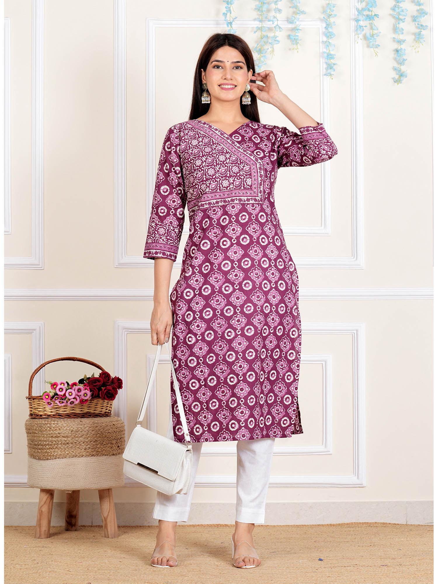 womens purple floral printed straight cotton kurta