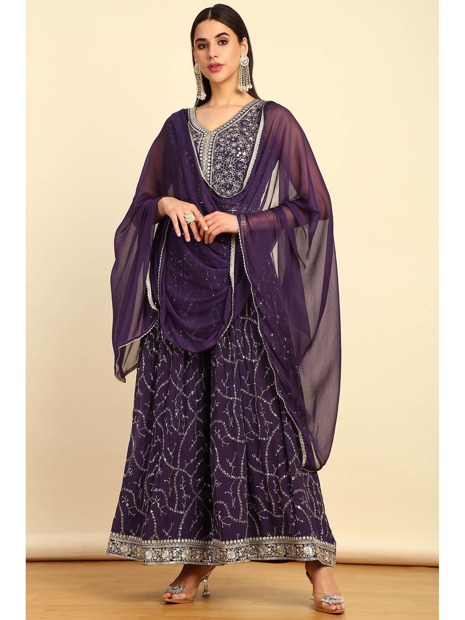 womens purple jumpsuit with unstitched sleeves dupatta and belt (set of 4)