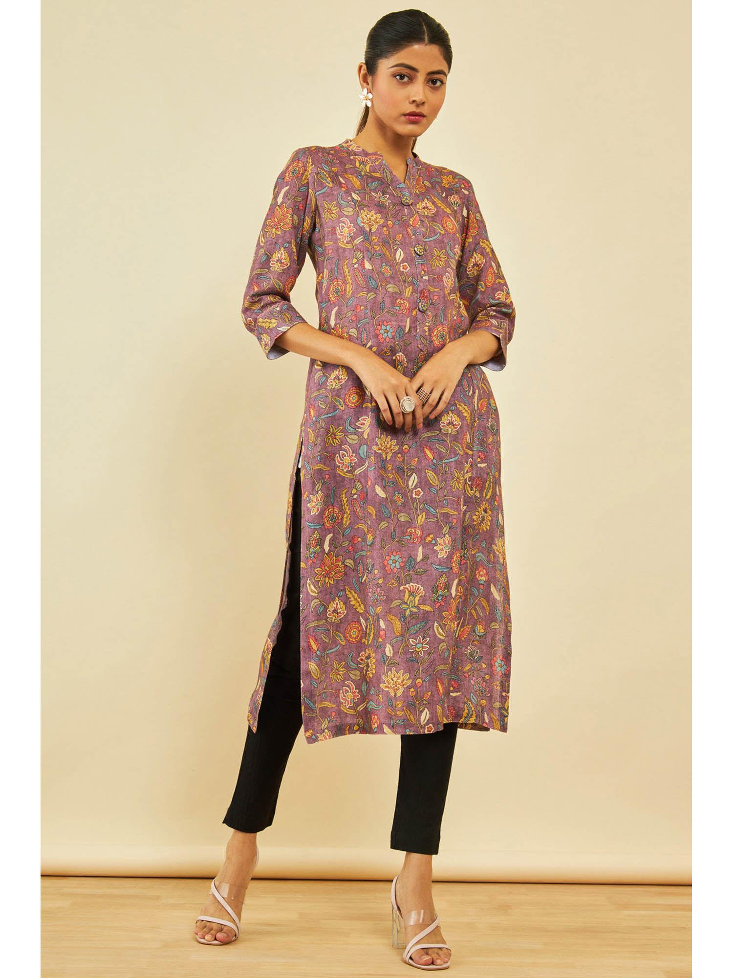 womens purple linen floral kurta