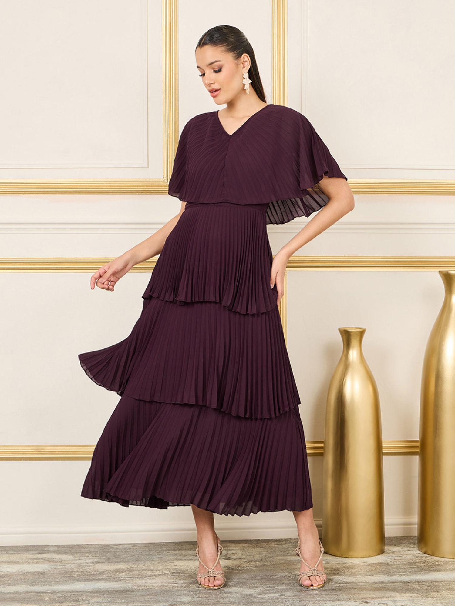 womens purple pleated cape sleeves layered tiered maxi dress