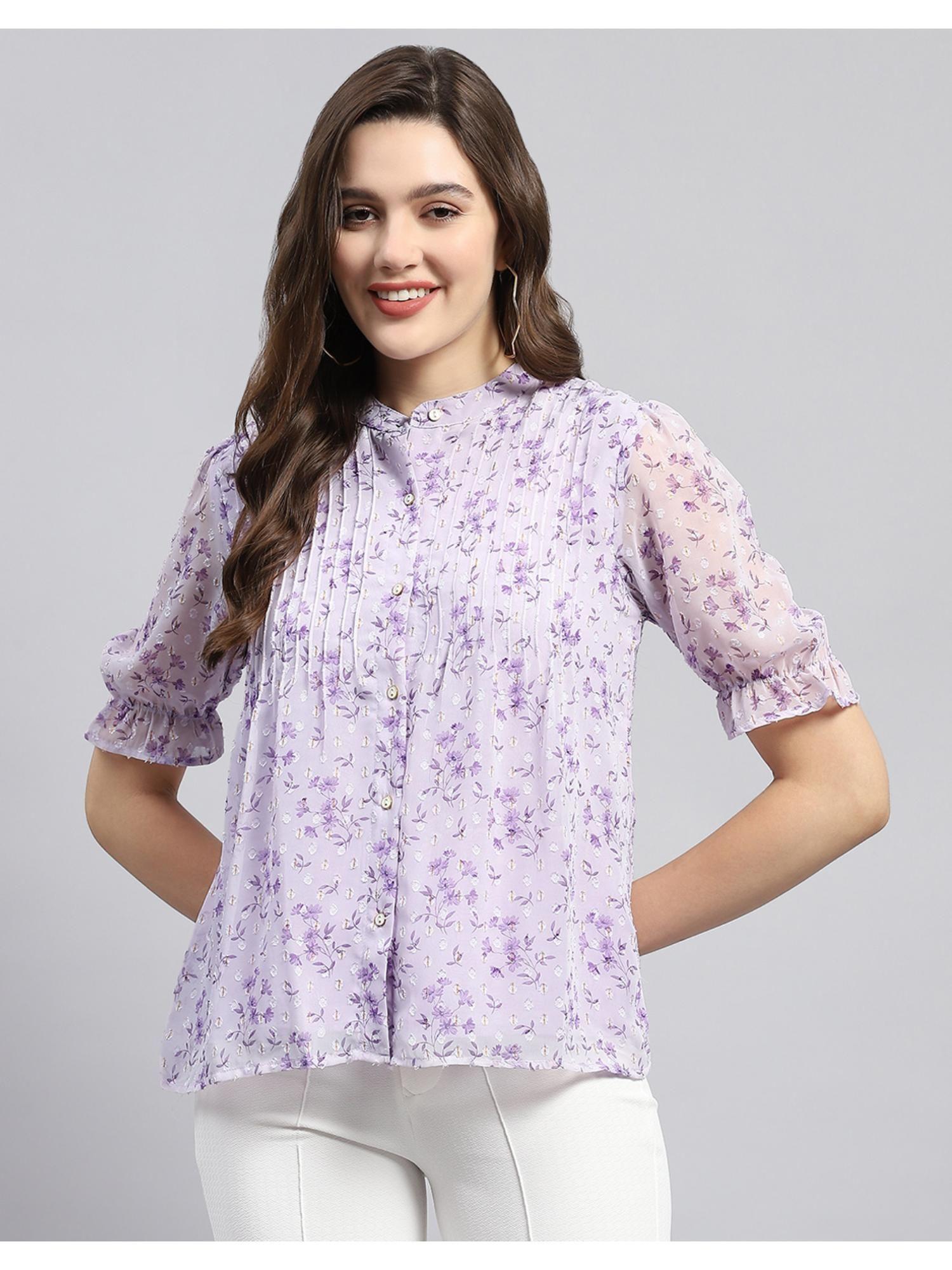 womens purple printed mandarin neck half sleeve top