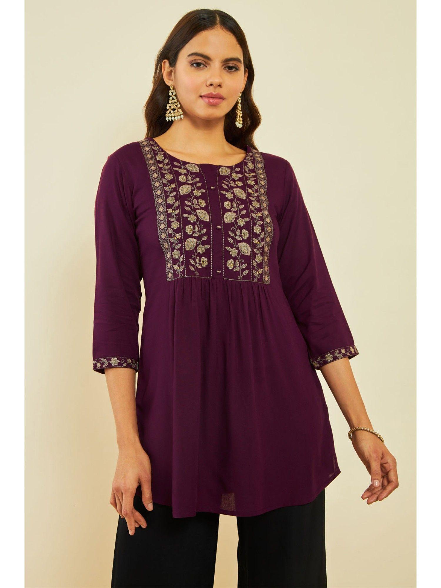 womens purple rayon floral print tunic with thread work