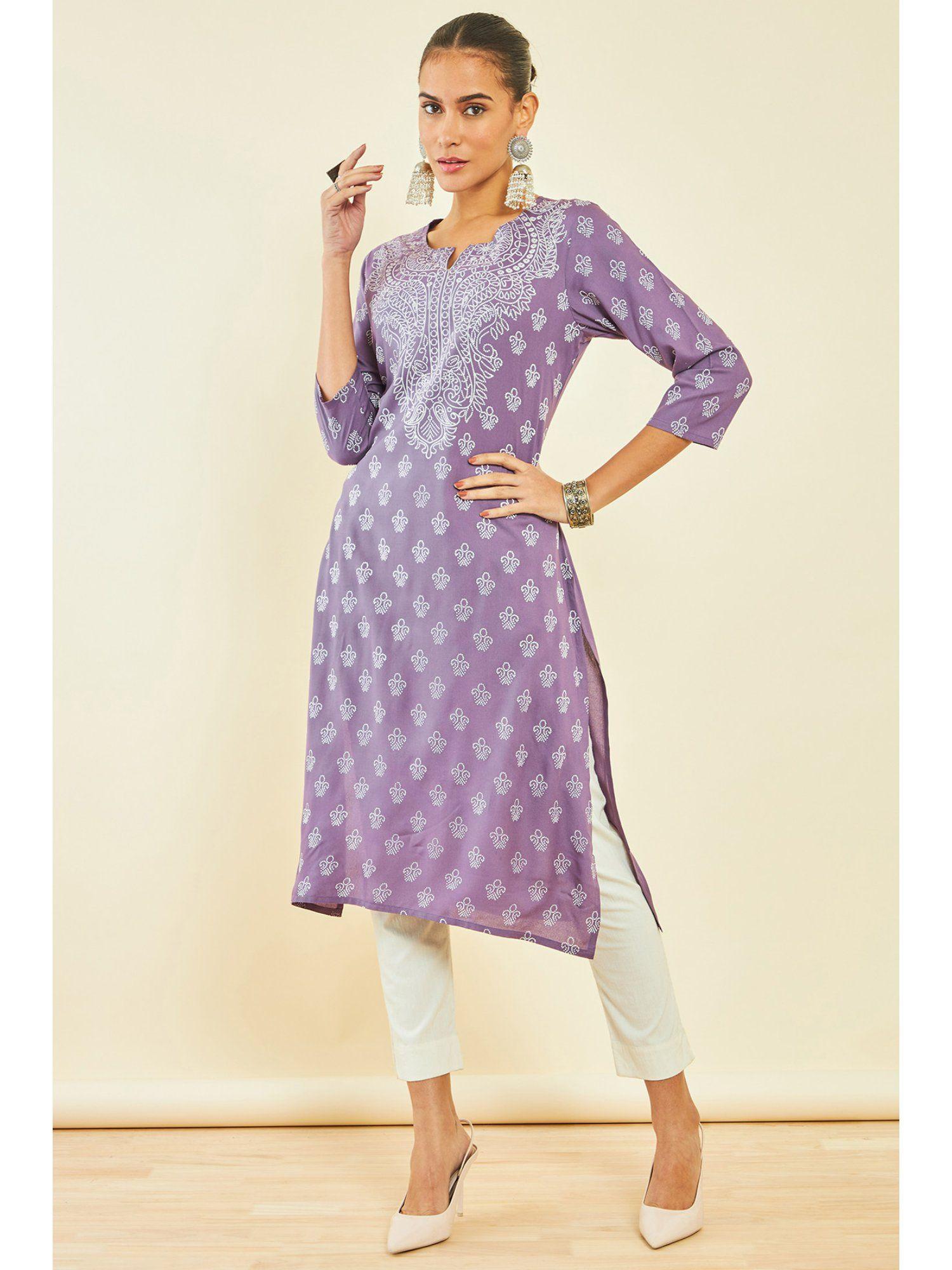 womens purple rayon kurta with ethnic print