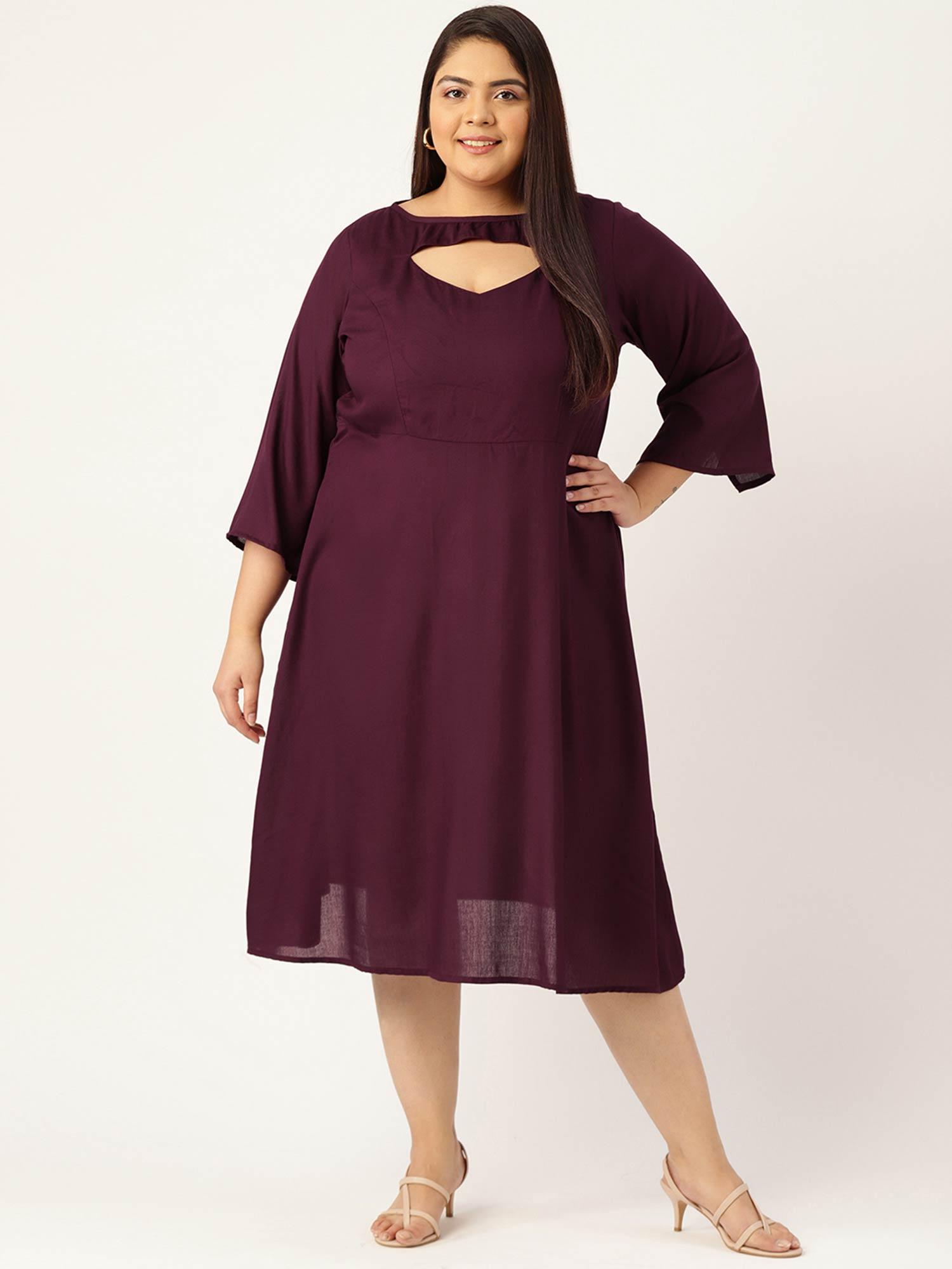 womens purple solid color a-line midi dress