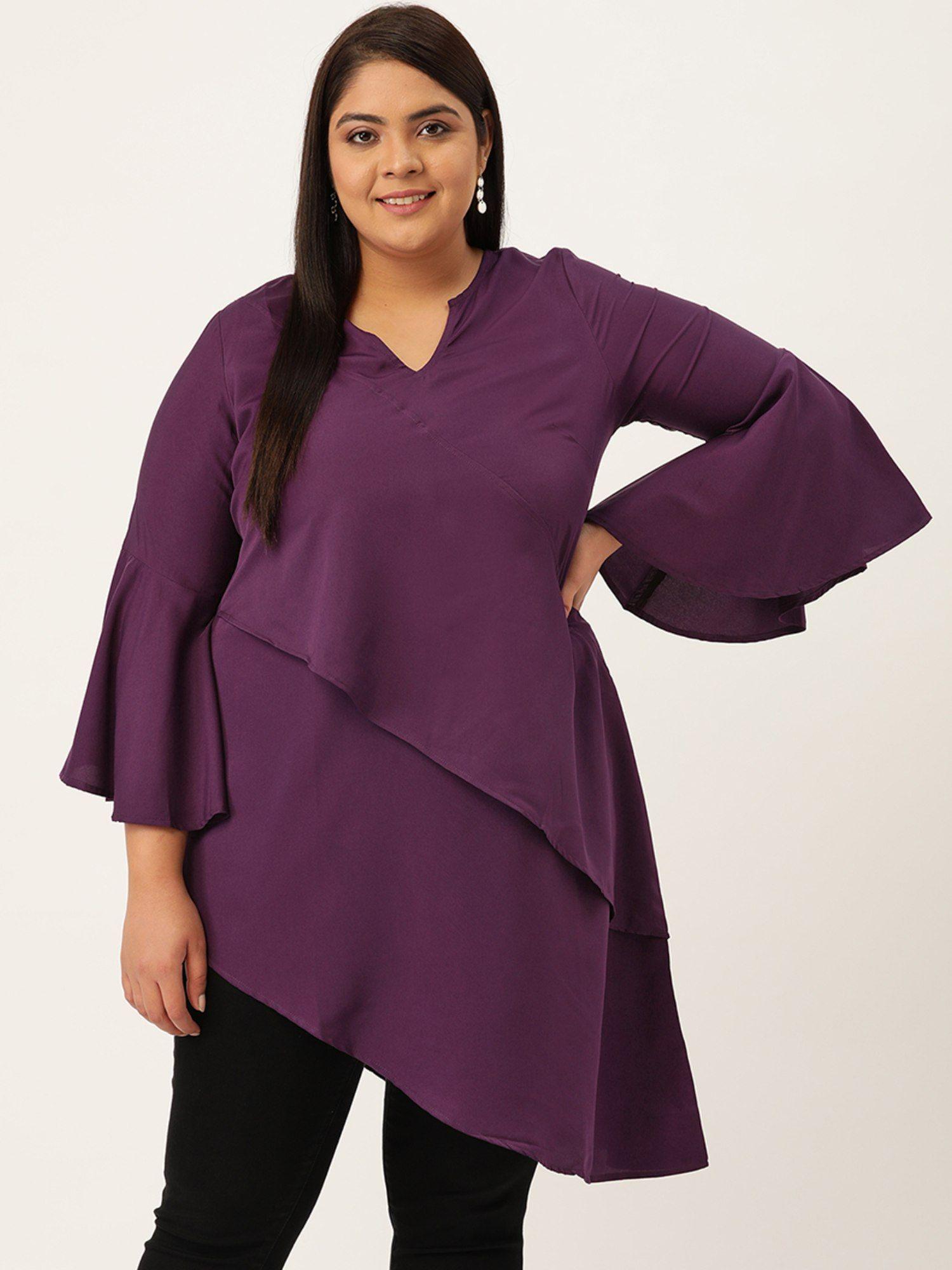 womens purple solid color longline layered top