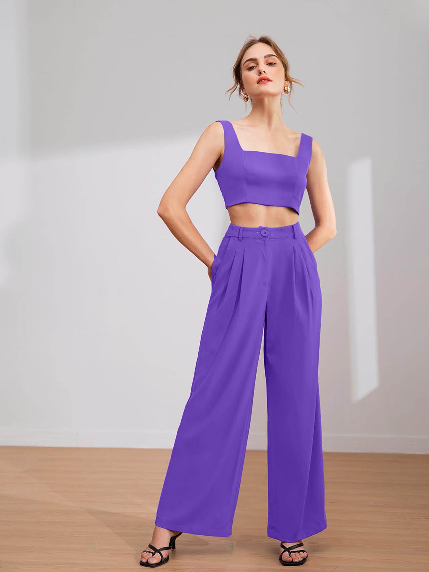 womens purple solid relaxed fit trouser with sleeveless top (set of 2)