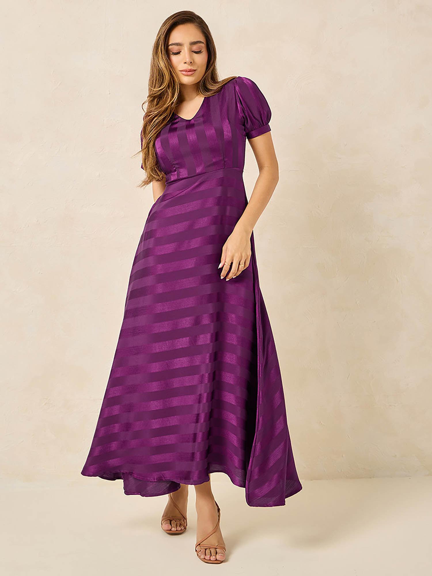 womens purple stripes a-line puff sleeves maxi dress