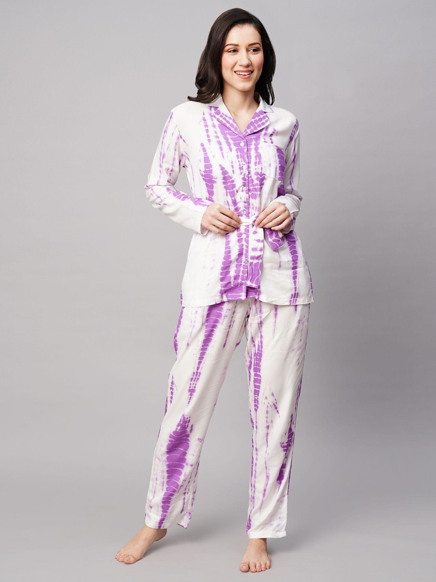 womens purple tie and dye print night suit