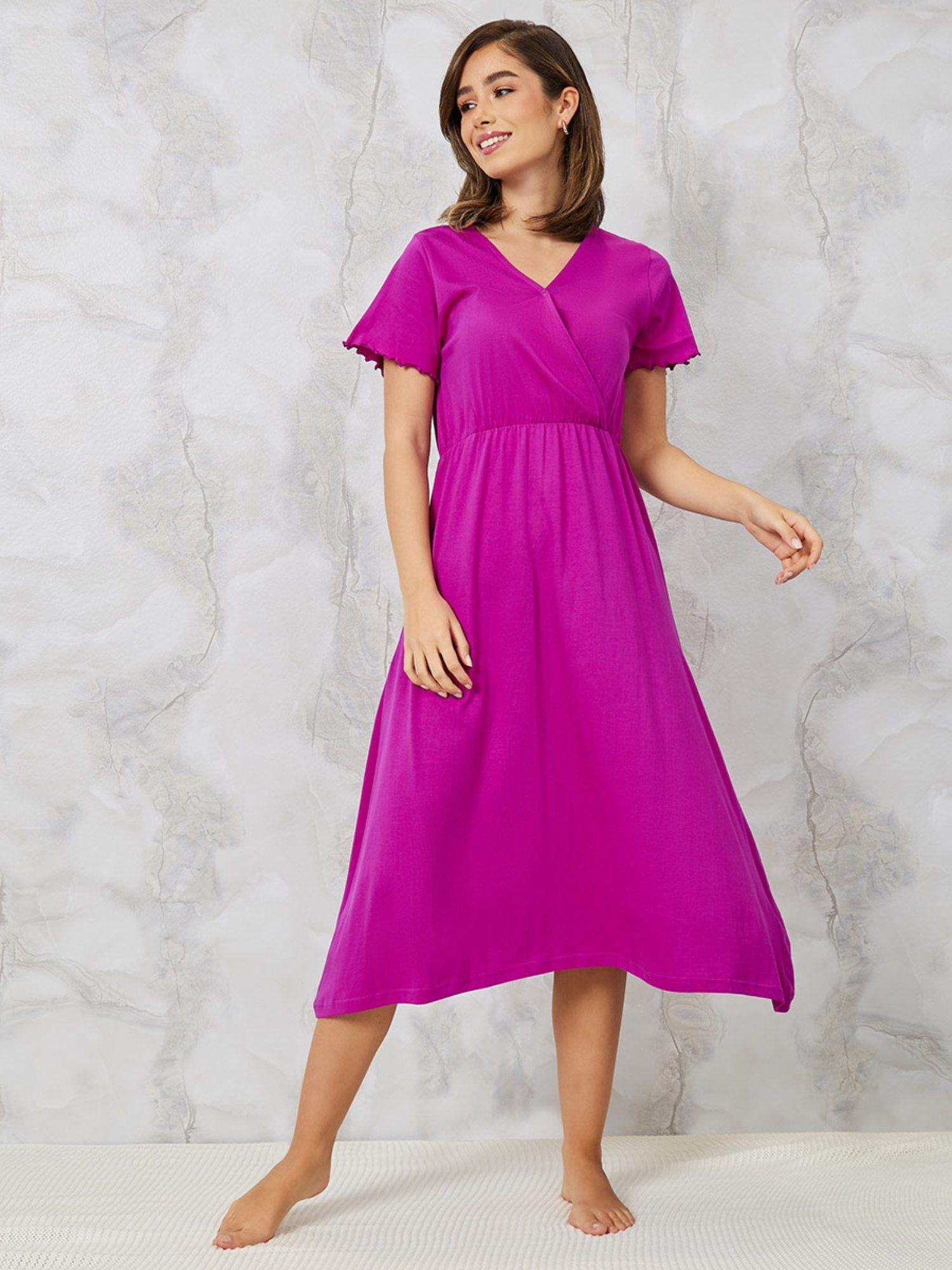 womens purple wrap midi length night dress cotton