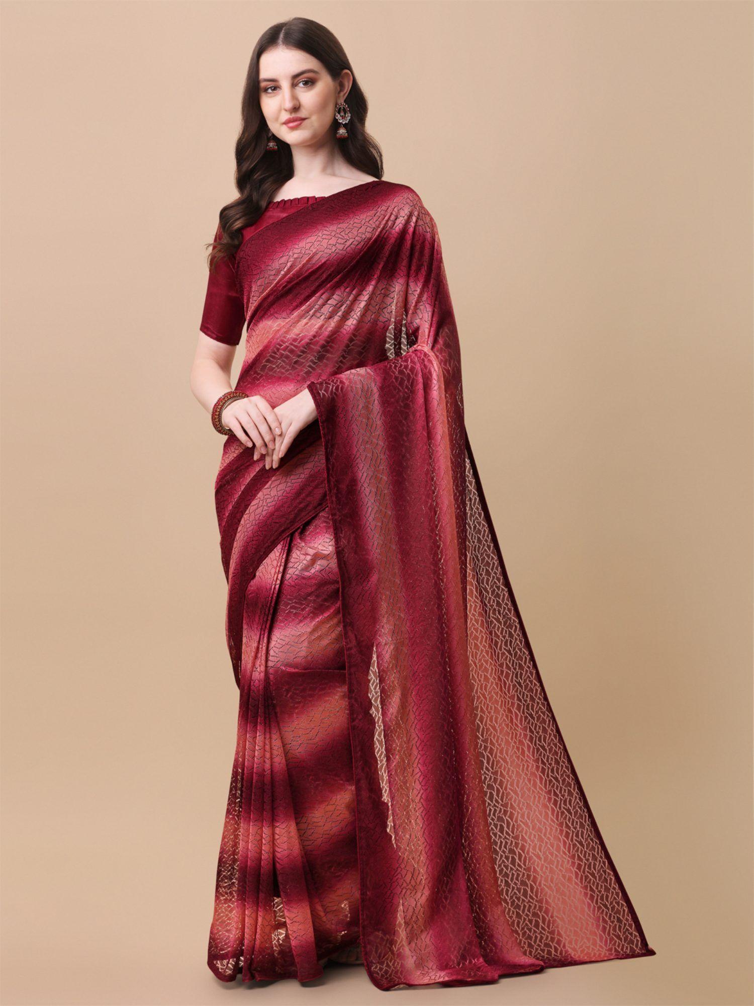 womens rasal net maroon color saree with unstitched blouse piece