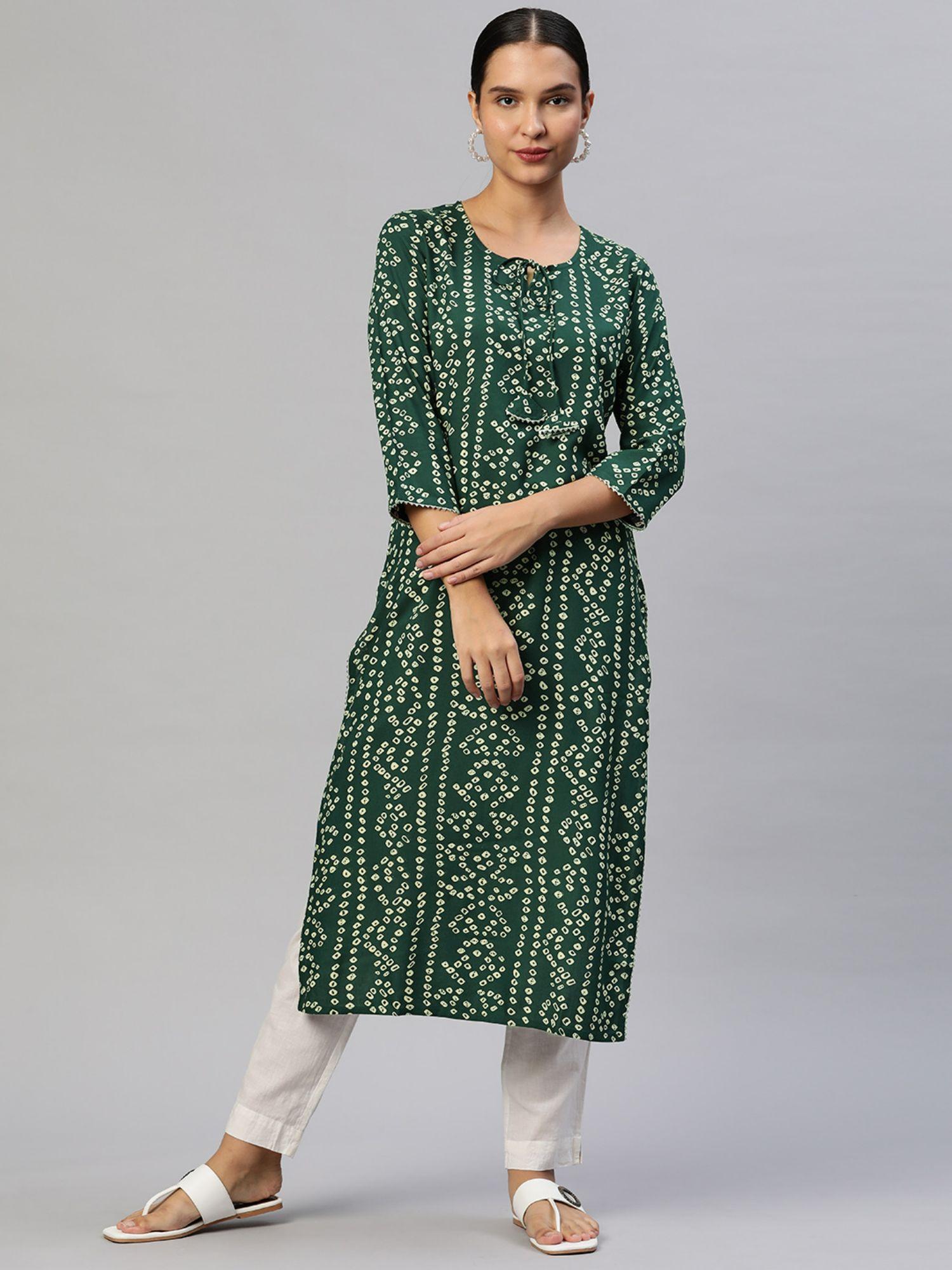 womens rayon bandhani print straight kurta - bottle green