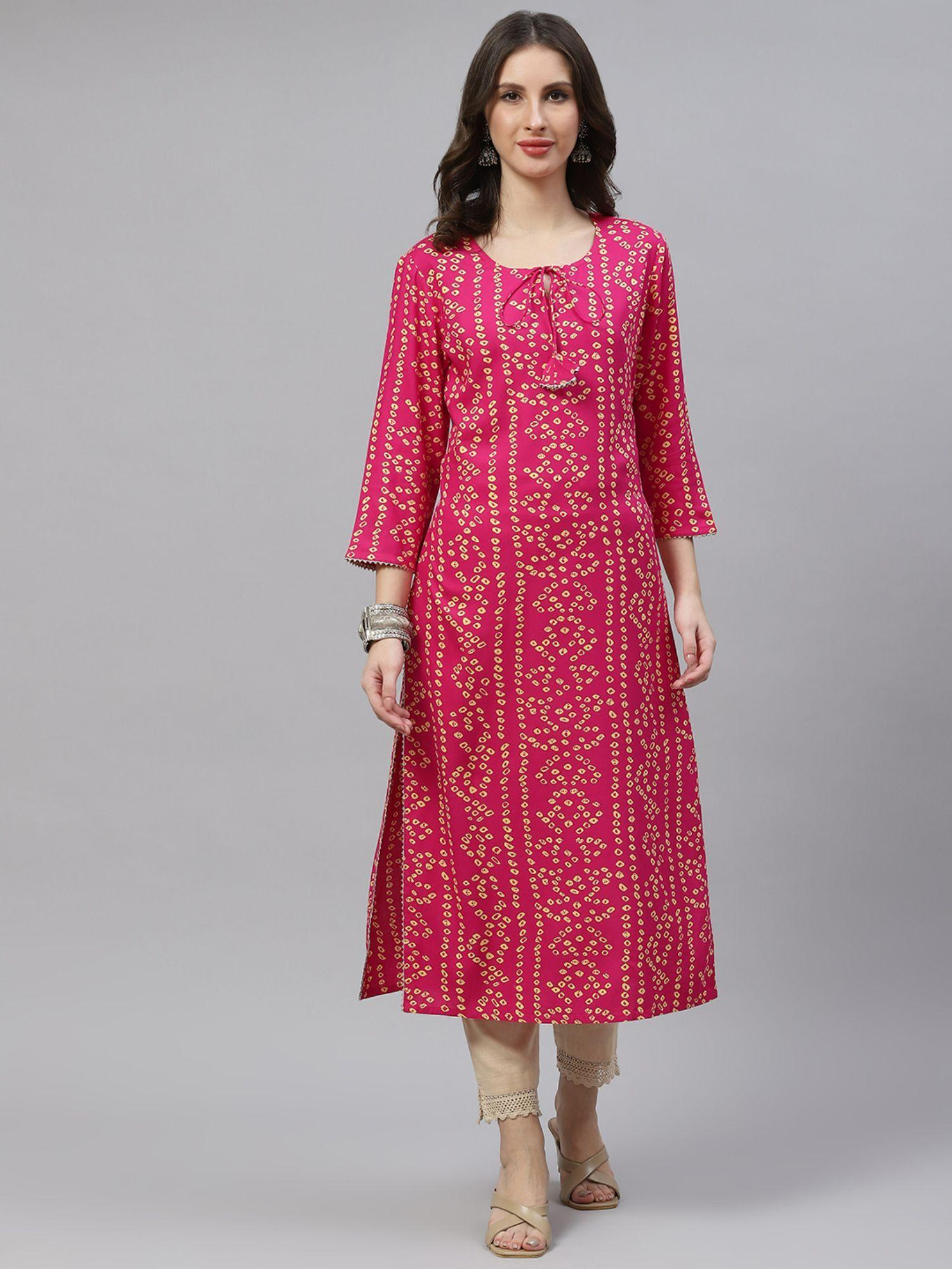 womens rayon bandhani print straight kurta - rani pink