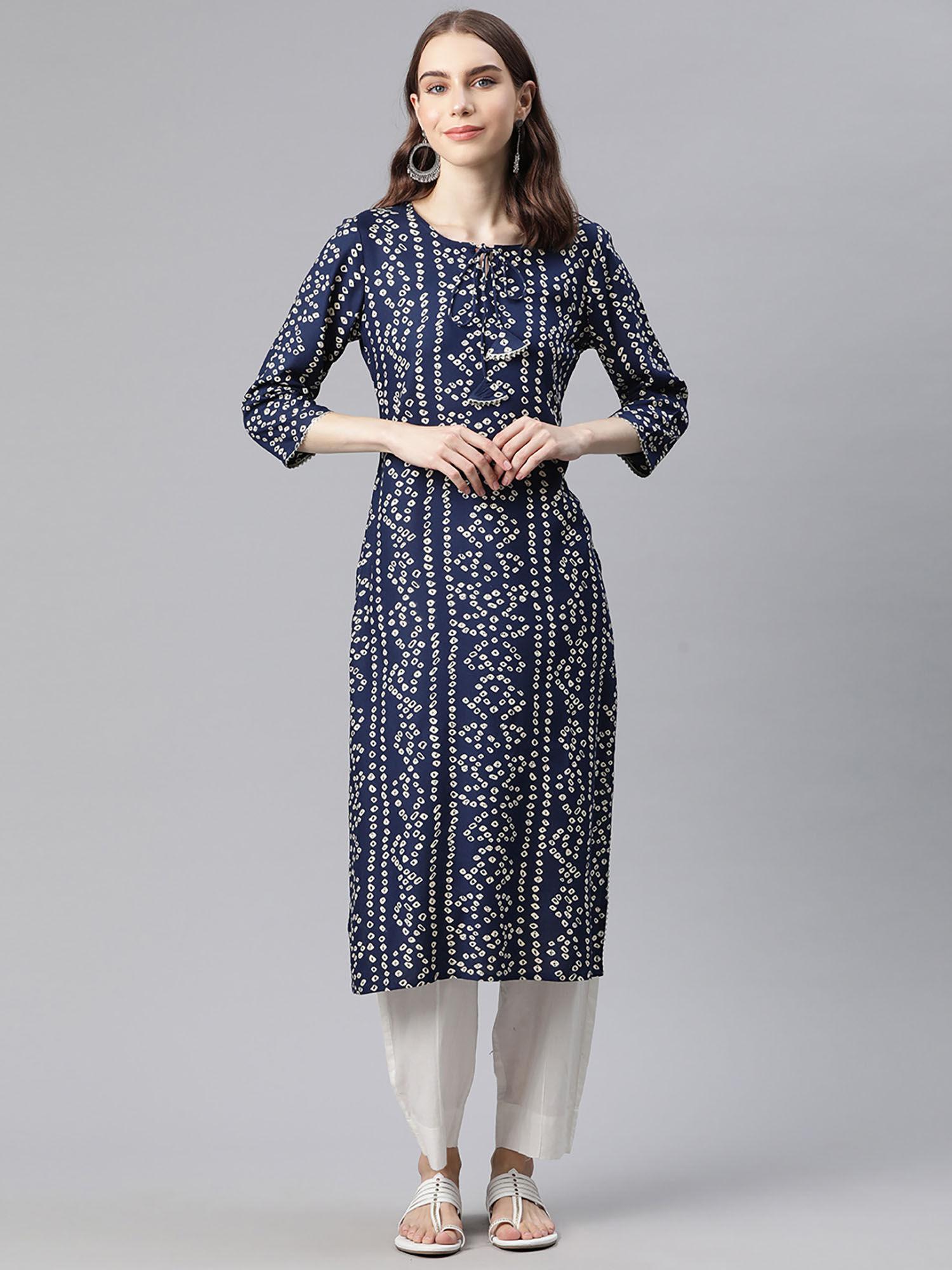 womens rayon bandhani print straight kurta ink blue