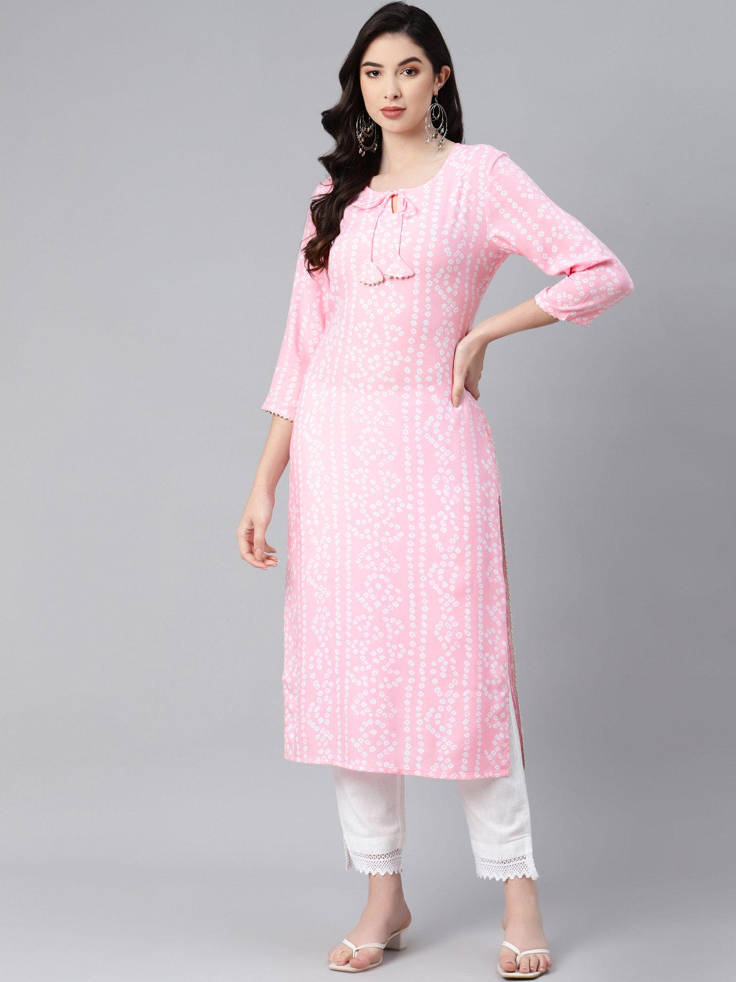 womens rayon bandhej print straight kurta lilac