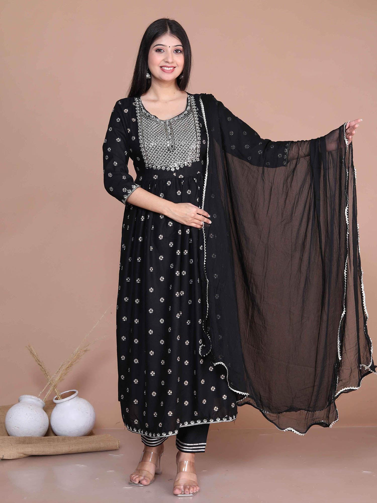 womens rayon black embroidery pakistani nayra kurta with salwar & dupatta (set of 3)