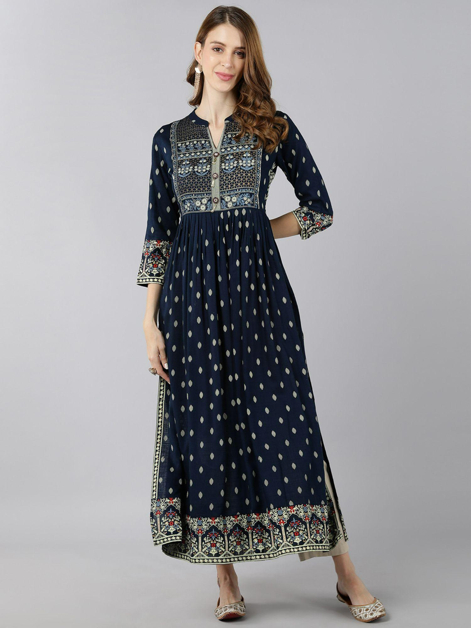 womens rayon block print a-line kurta navy blue