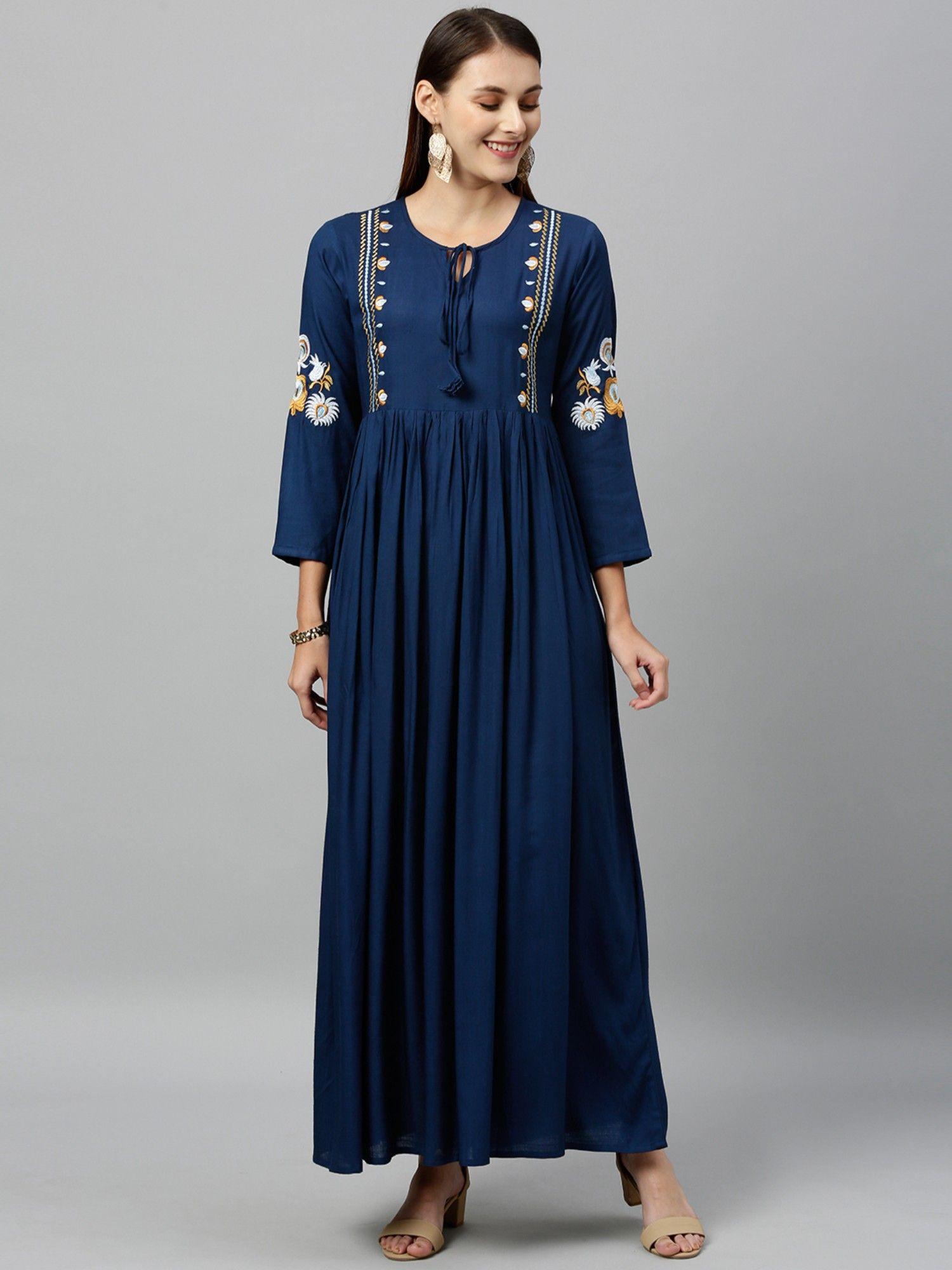 womens rayon embroidered flared maxi dress