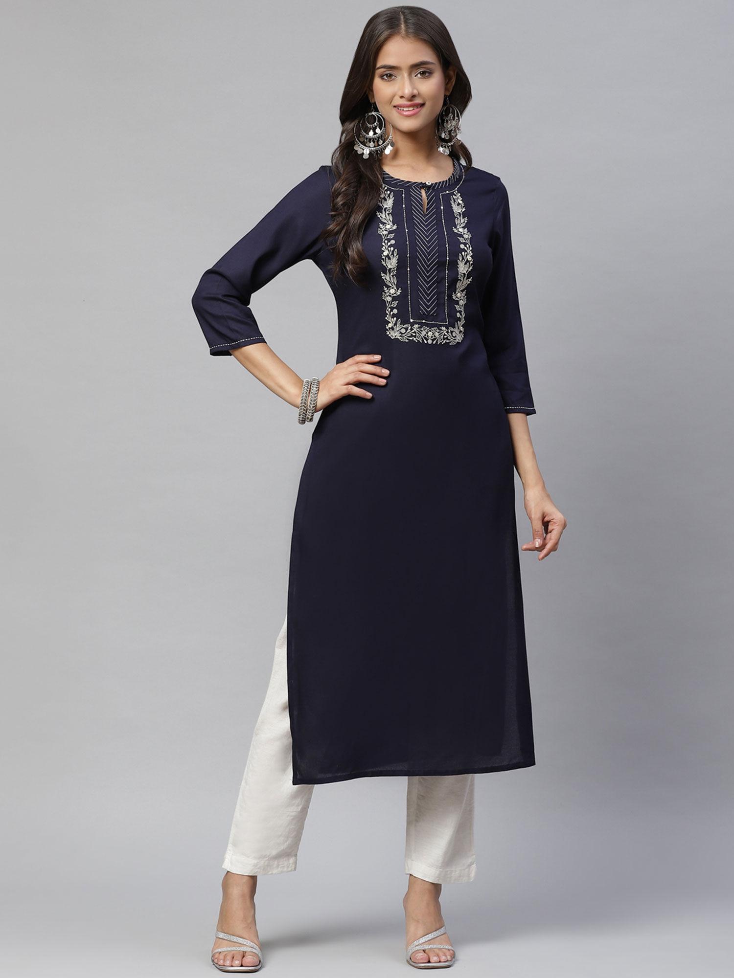 womens rayon embroidered kurta navy blue