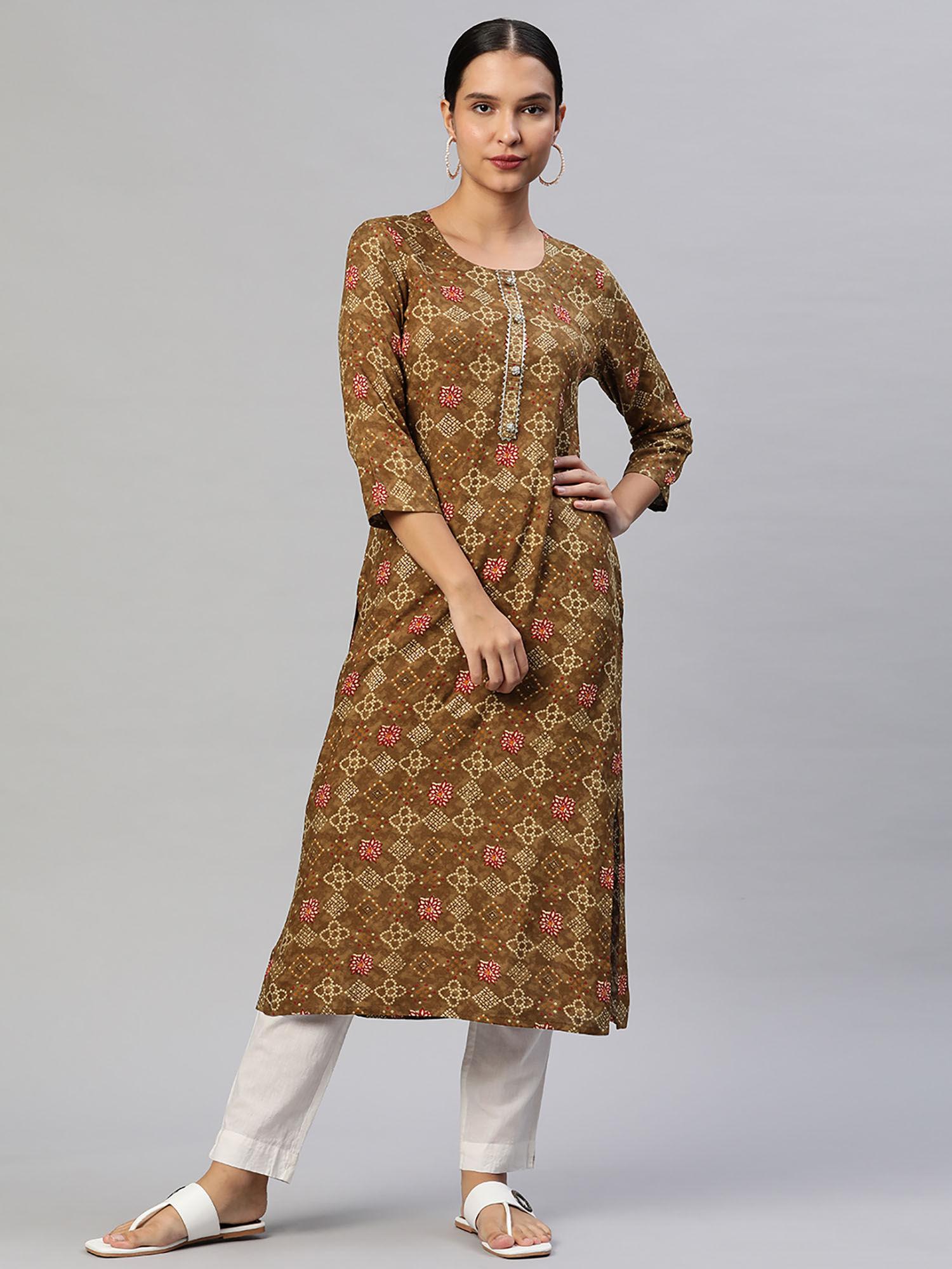 womens rayon ethnic print straight kurta - brown