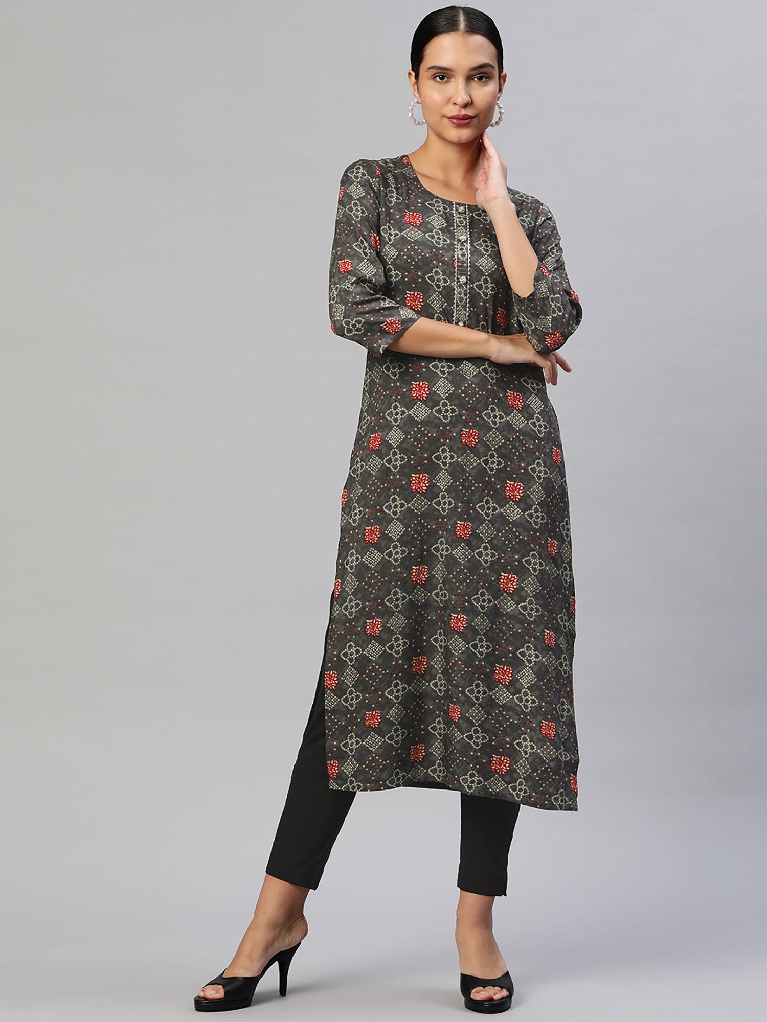 womens rayon ethnic print straight kurta - grey