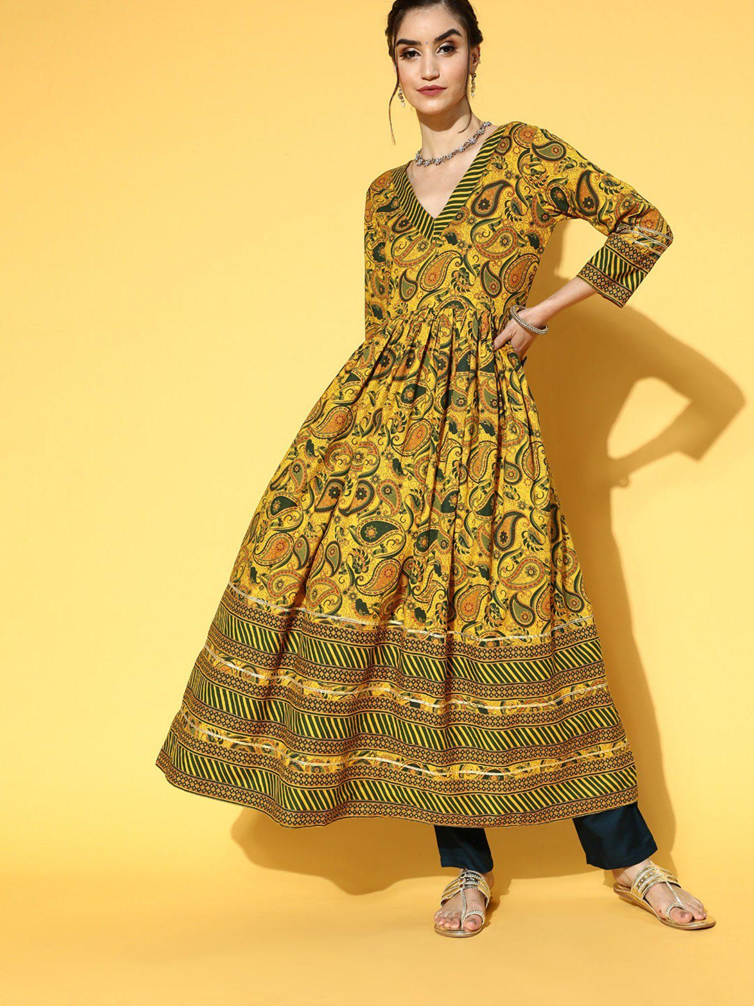 womens rayon floral print anarkali kurta yellow