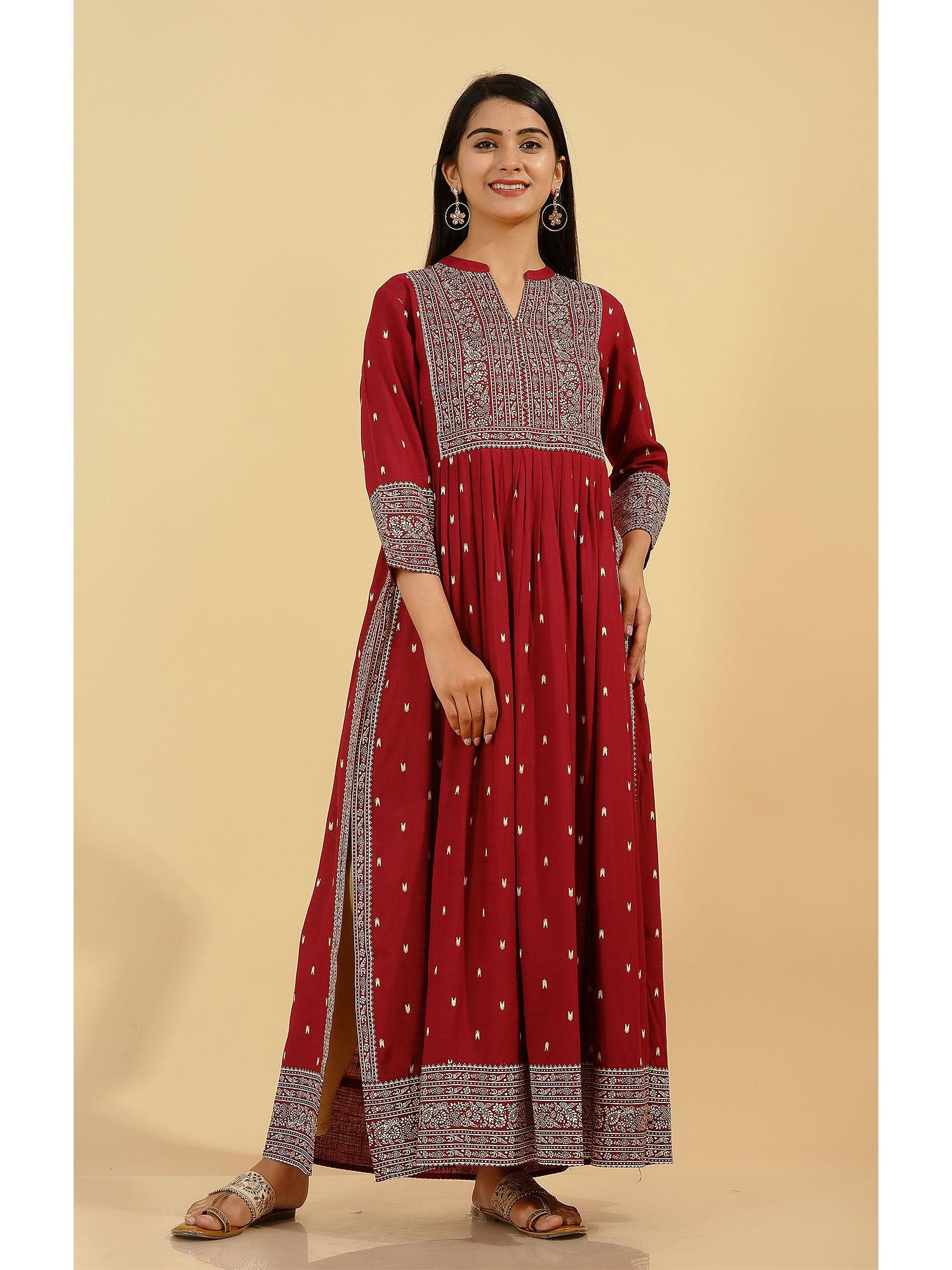 womens rayon printed a-line kurta maroon