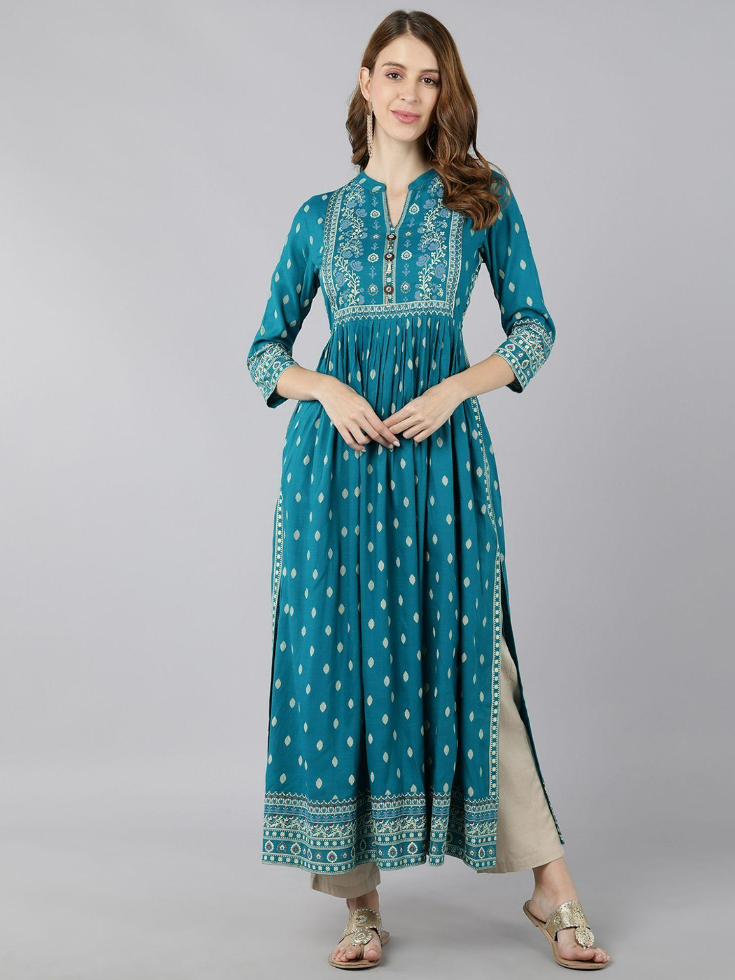 womens rayon printed a-line kurta turquoise