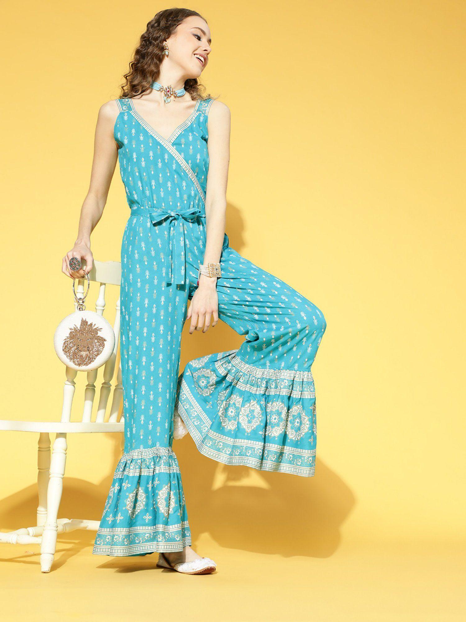 womens rayon printed flared jumpsuit turquoise blue