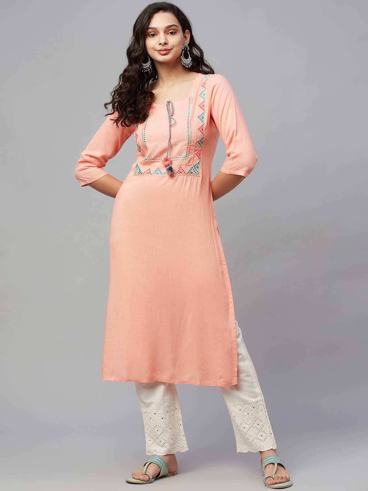 womens rayon slub embroidered straight kurta peach