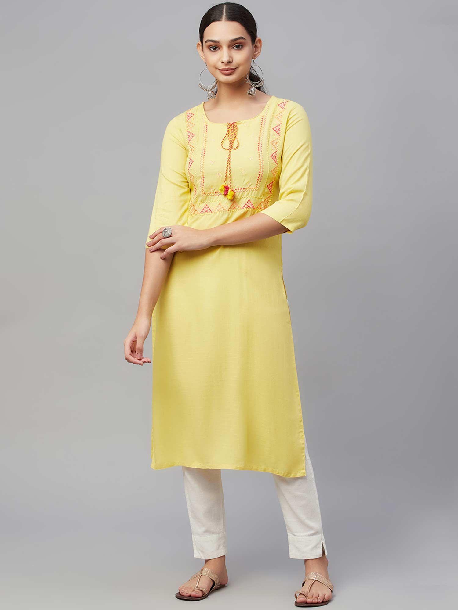 womens rayon slub embroidered straight kurta yellow